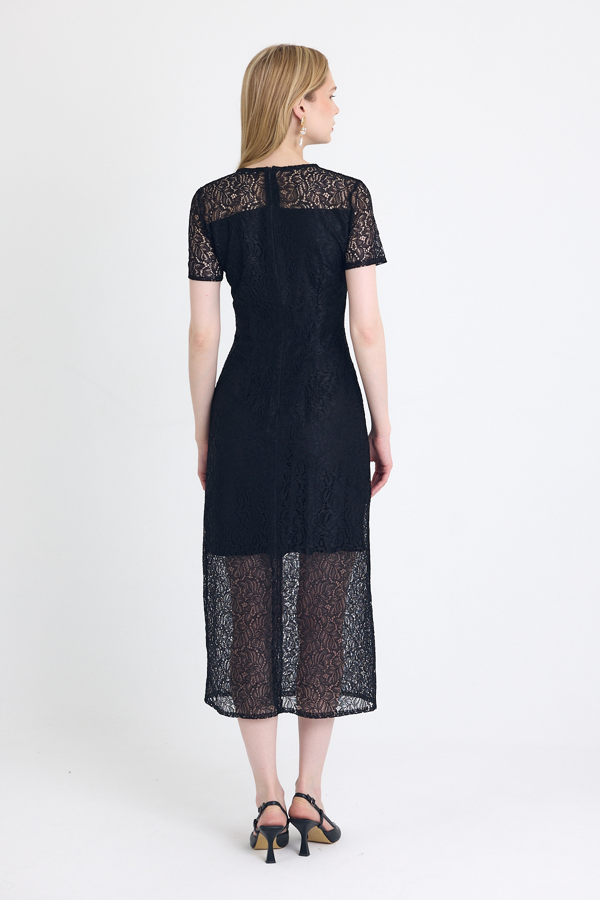 Siyah Dantel Detaylı Kısa Kollu Midi Elbise 251669 - 5