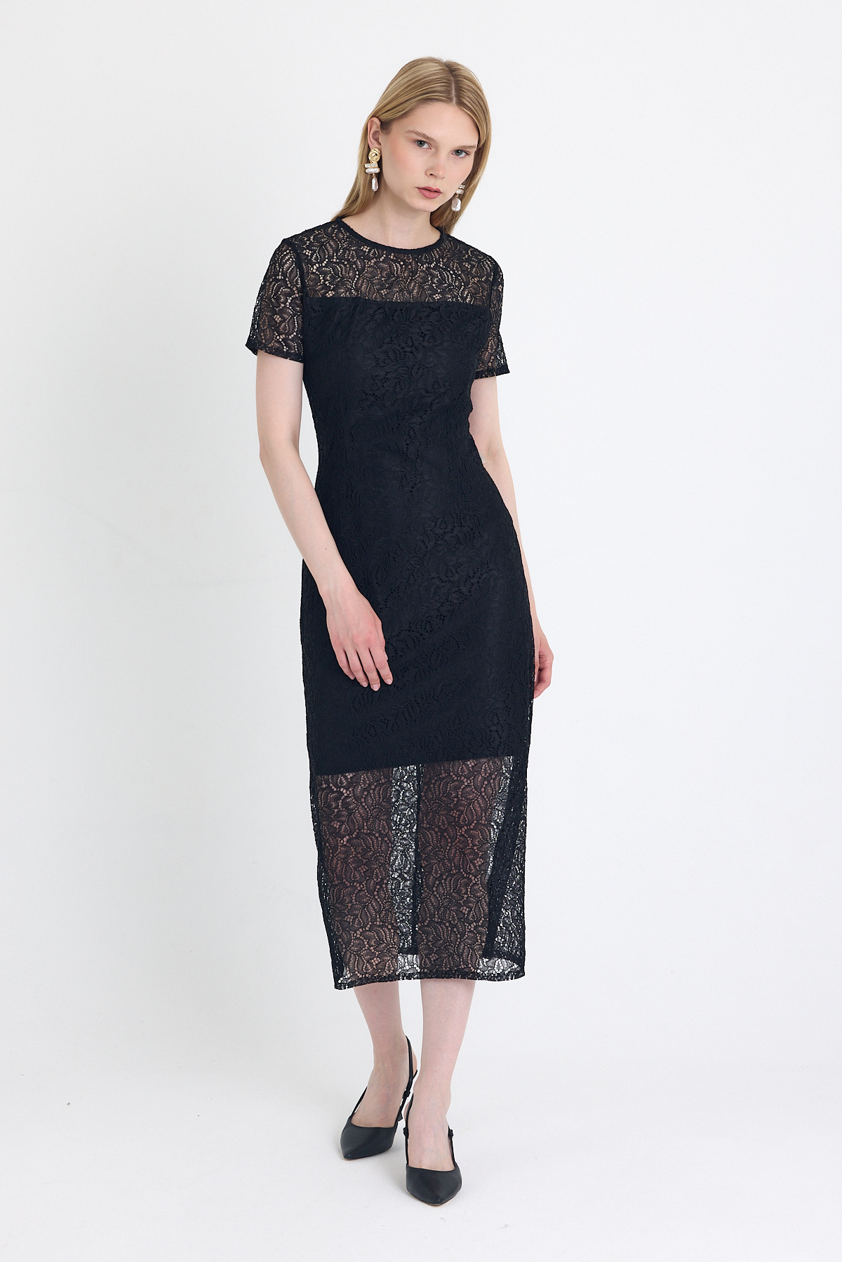 Siyah Dantel Detaylı Kısa Kollu Midi Elbise 251669 - 6