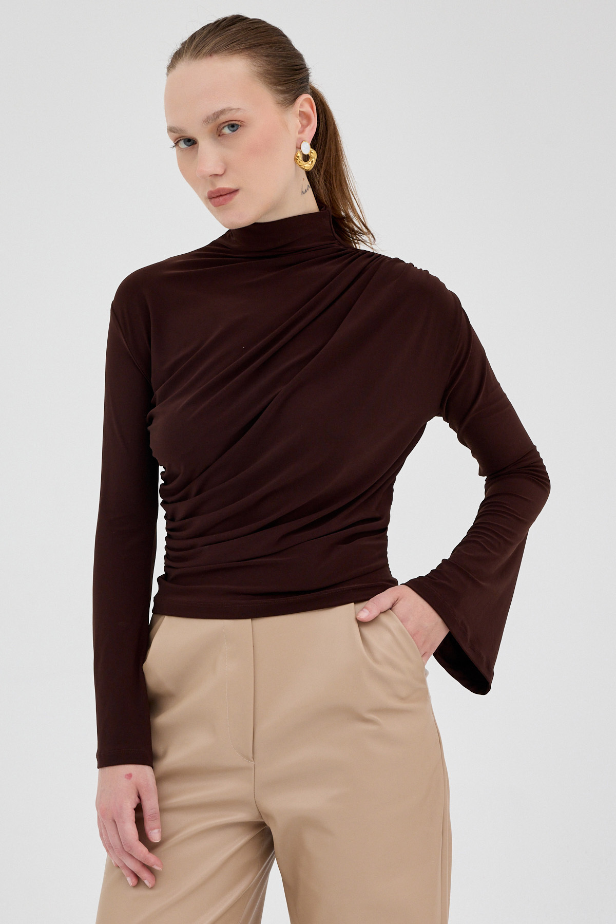 Acı Kahve Balıkçı Yaka Drapeli Bluz 2517 - RAYS