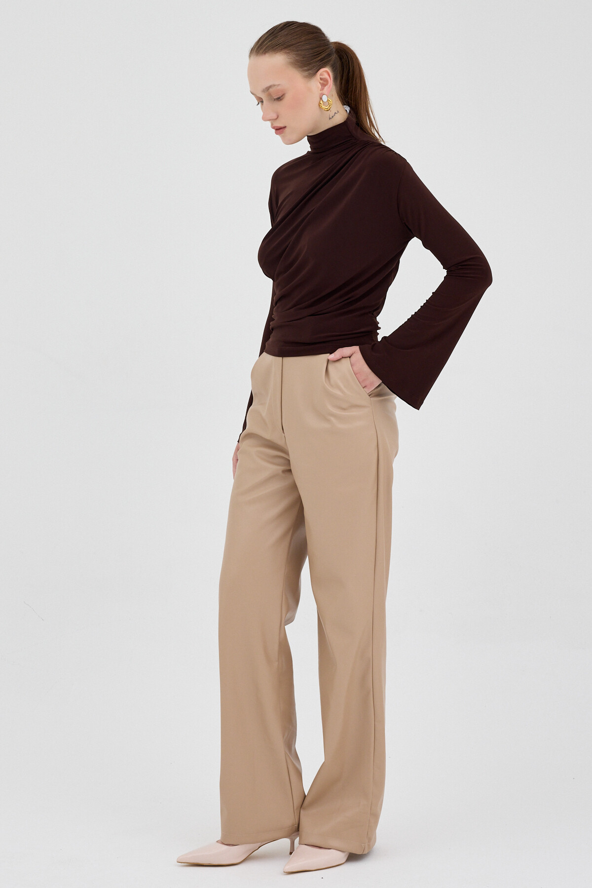 Acı Kahve Balıkçı Yaka Drapeli Bluz 2517 - 3