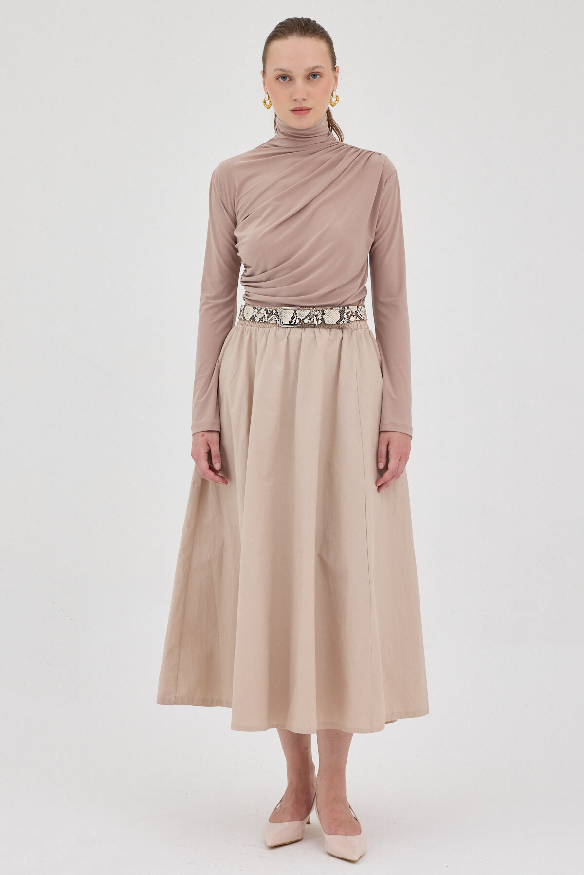 Bej Balıkçı Yaka Drapeli Bluz 2517 - 3