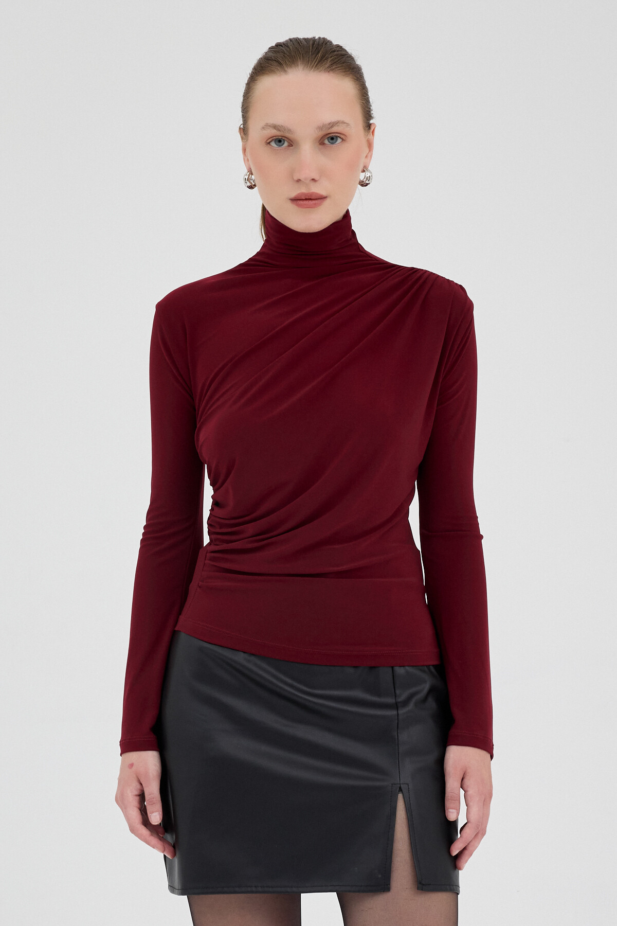 Bordo Balıkçı Yaka Drapeli Bluz 2517 - RAYS