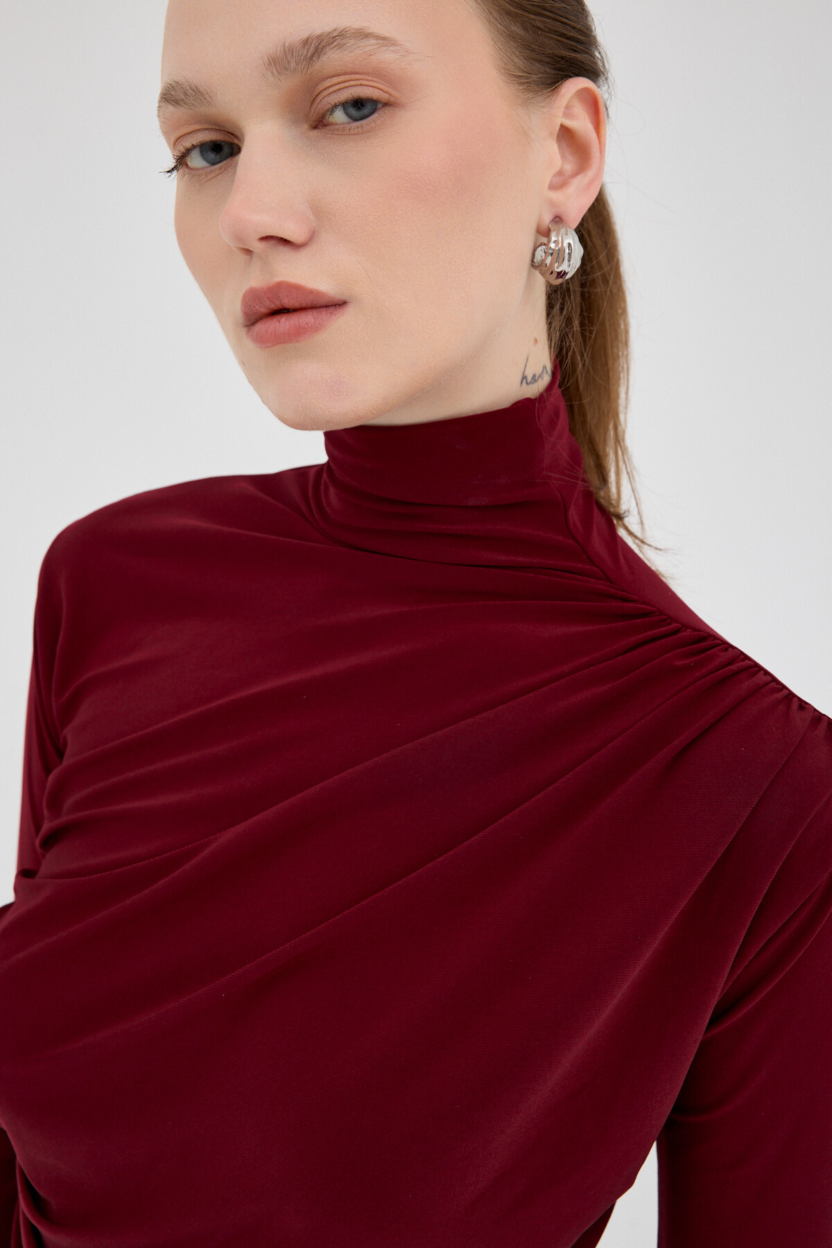 Bordo Balıkçı Yaka Drapeli Bluz 2517 - RAYS