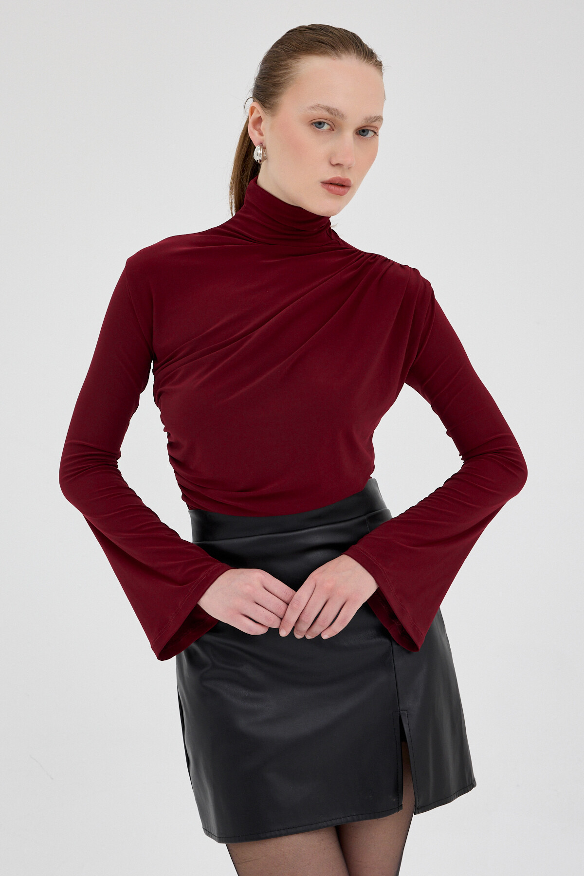 Bordo Balıkçı Yaka Drapeli Bluz 2517 