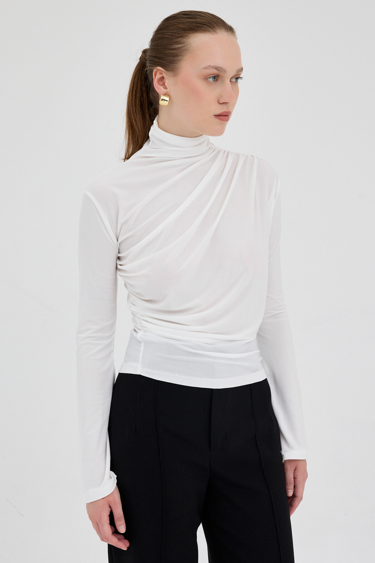 Ekru Balıkçı Yaka Drapeli Bluz 2517 - 6