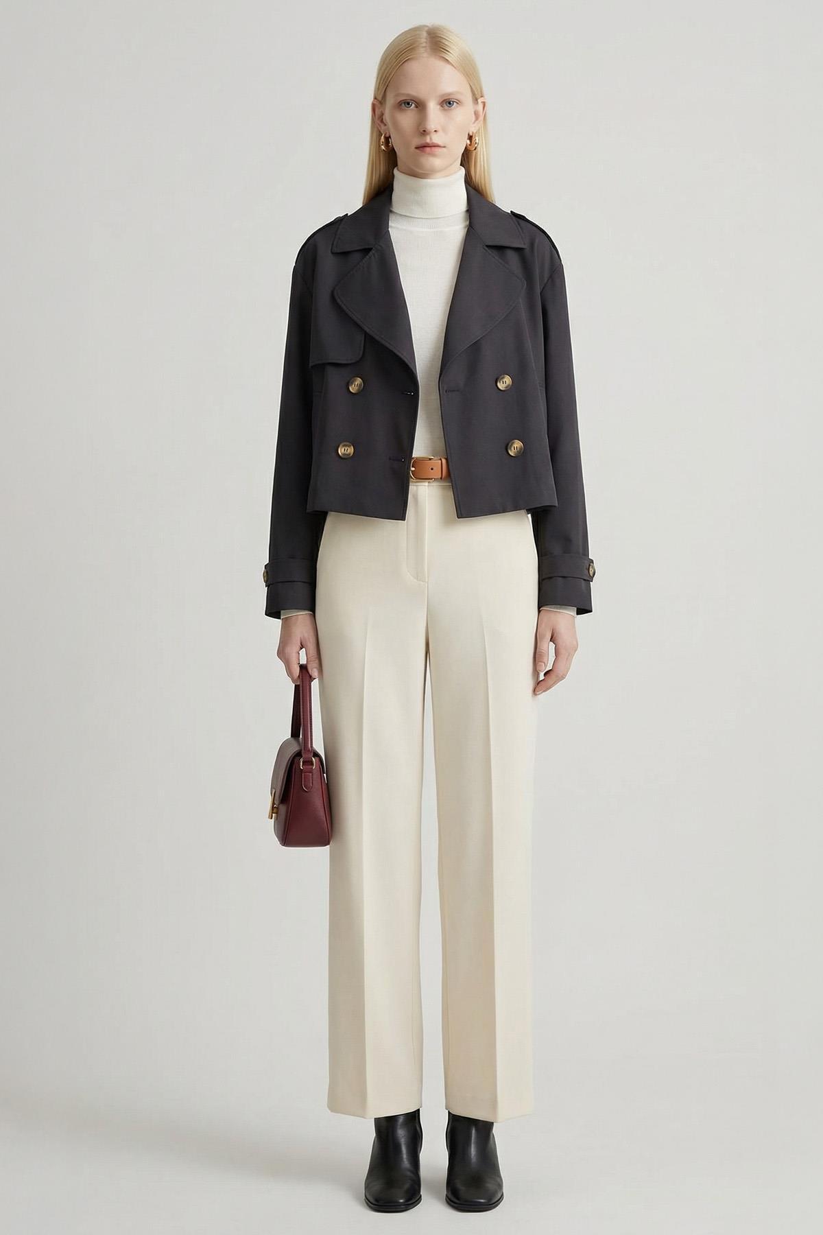 251830 Düğmeli Kısa Trençkot Siyah - RAYS