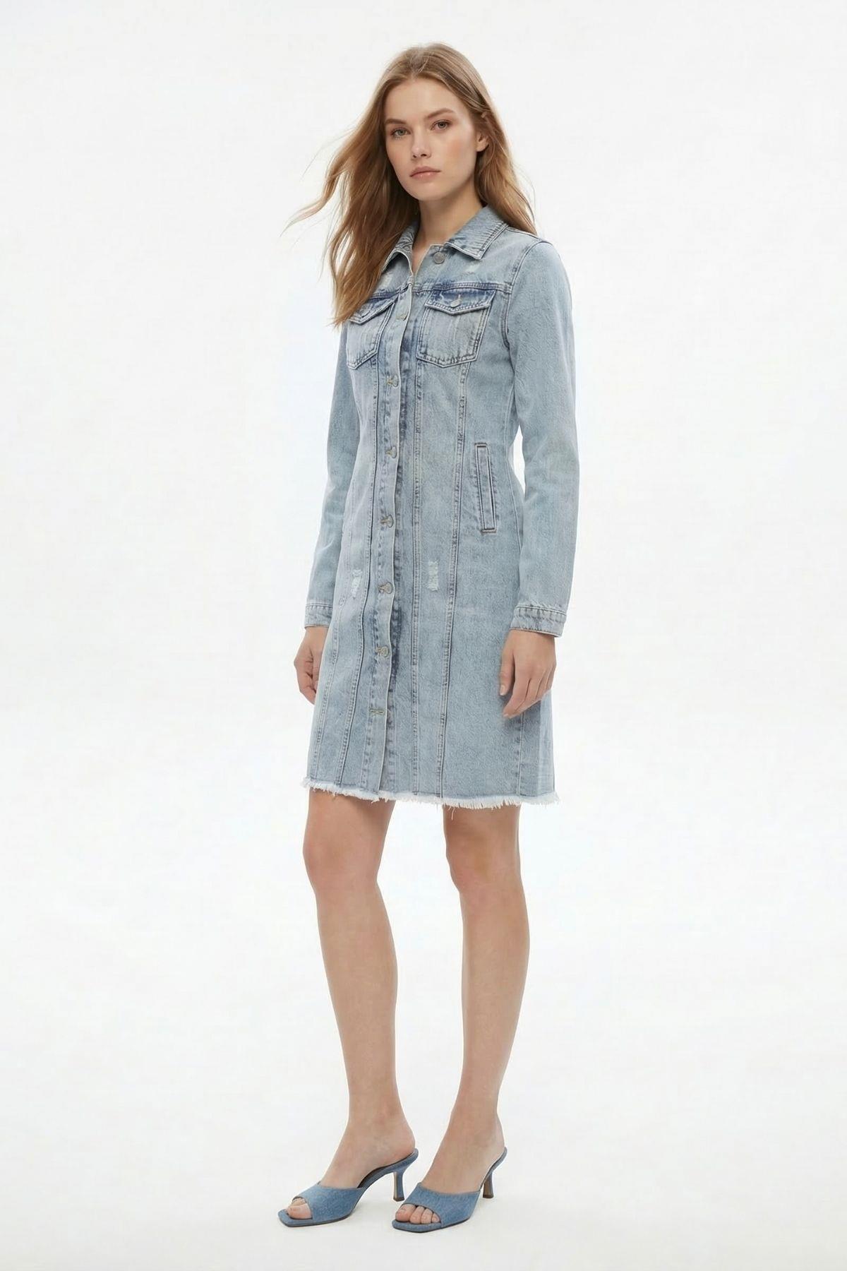 Buz Mavisi Püsküllü Uzun Kot Ceket 2519 - RAYS (1)