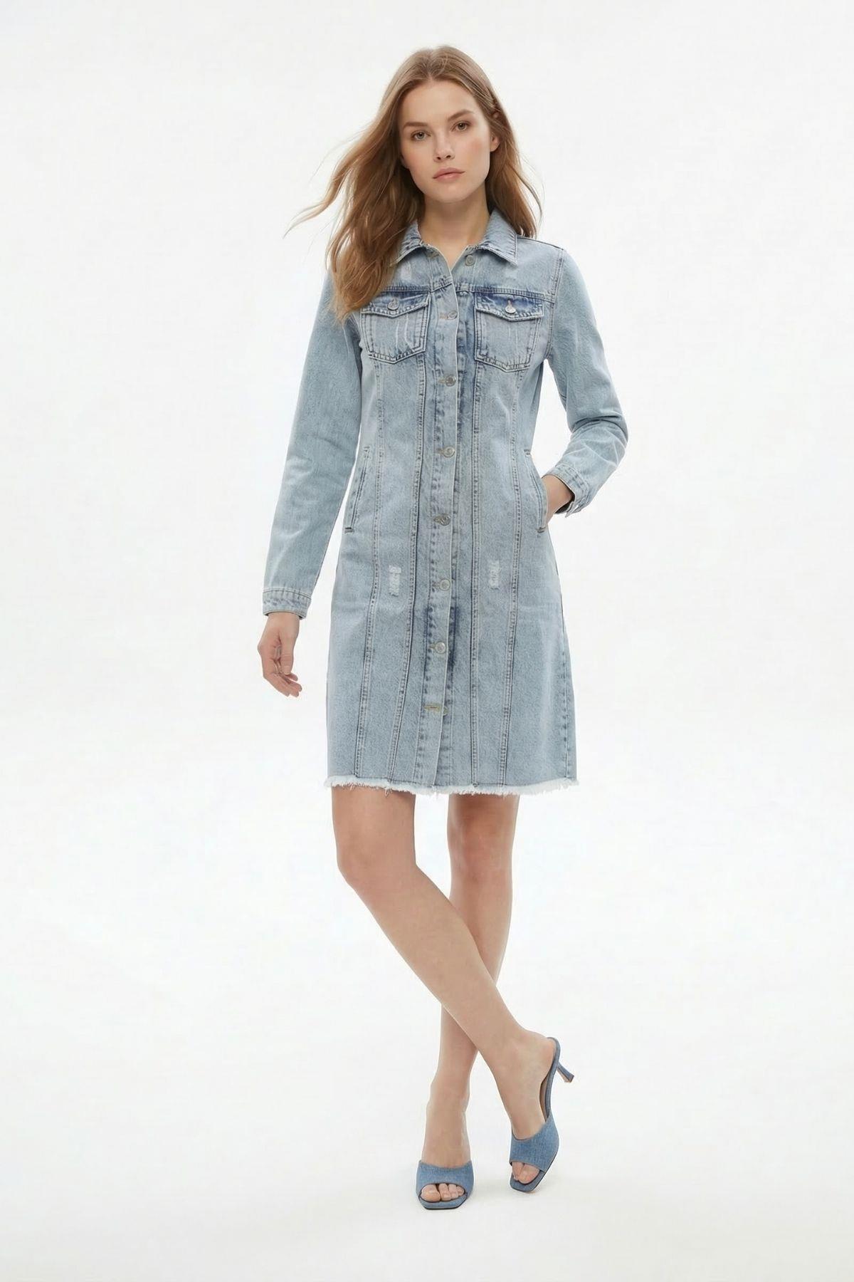 Buz Mavisi Püsküllü Cepli Mini Kot Elbise 2519 - 1