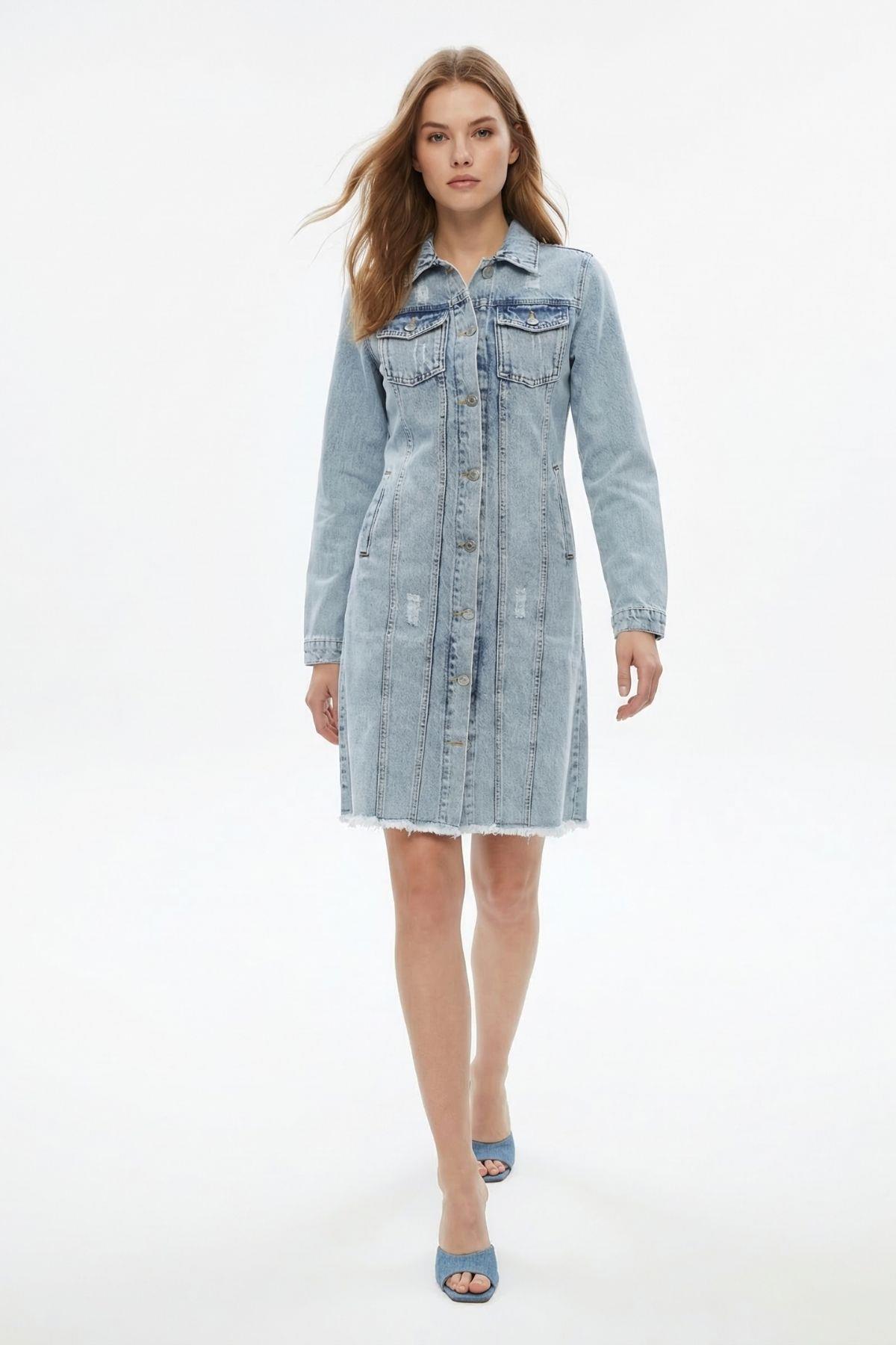 Buz Mavisi Püsküllü Cepli Mini Kot Elbise 2519 - RAYS