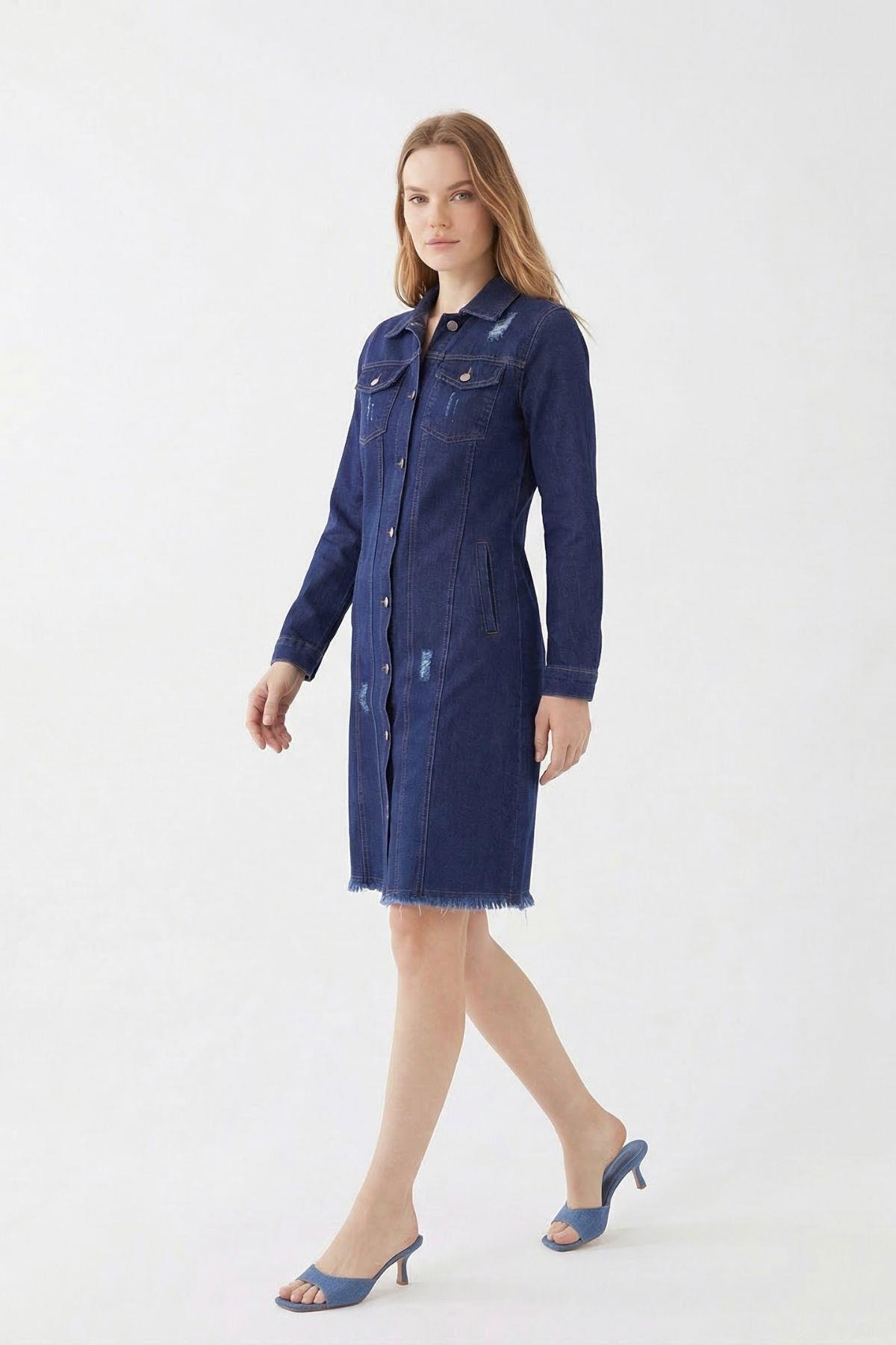 2519 Püsküllü Uzun Kot Ceket Koyu Mavi - 2