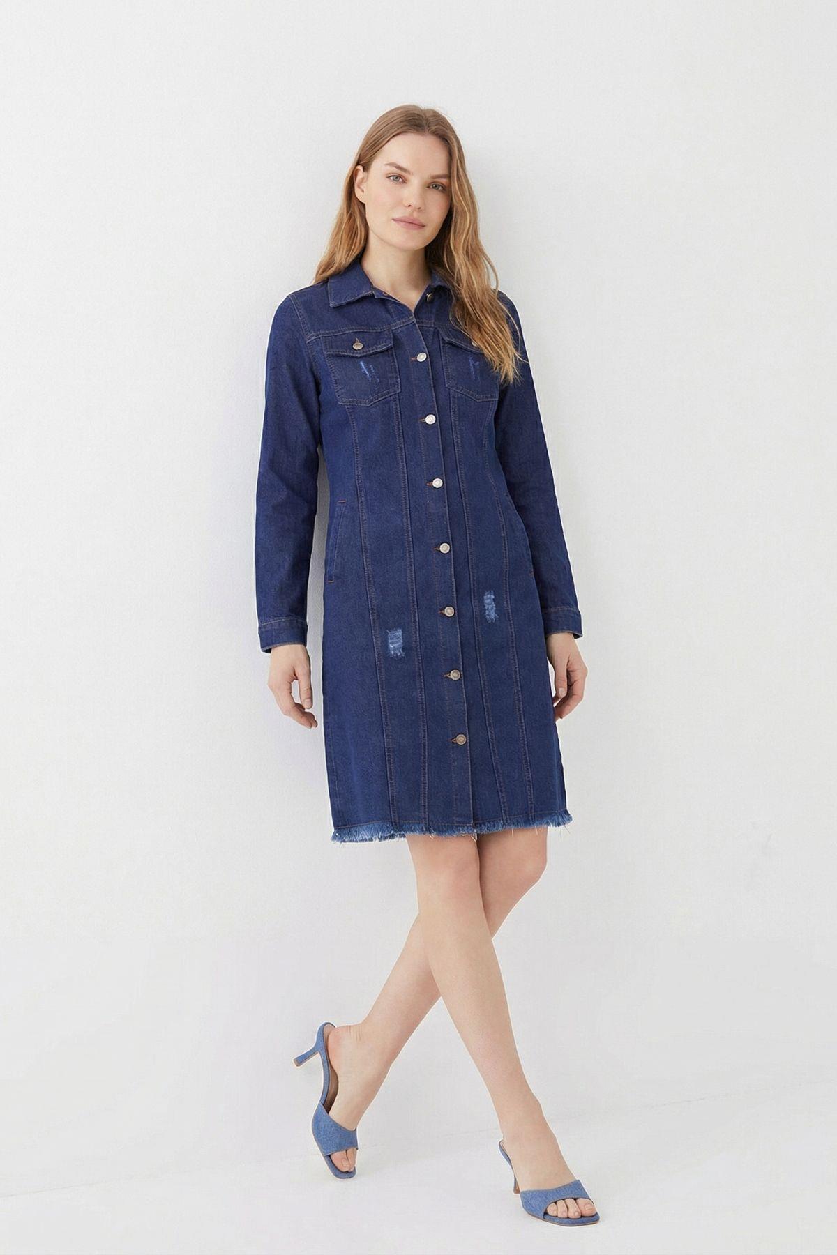 Koyu Mavi Püsküllü Cepli Mini Kot Elbise 2519 - 1