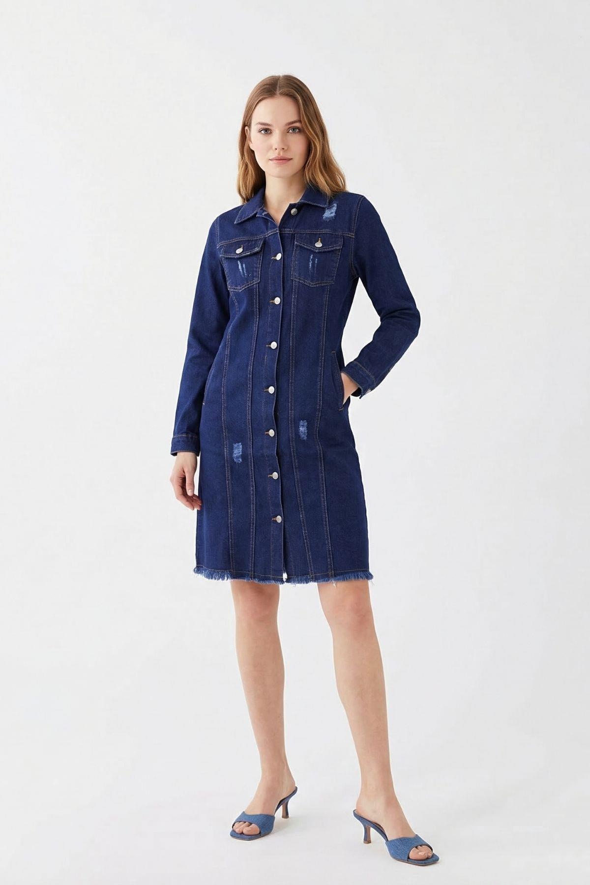 Koyu Mavi Püsküllü Cepli Mini Kot Elbise 2519 - 3