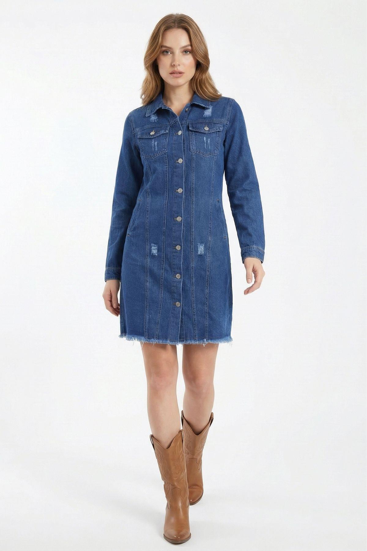 2519 Püsküllü Uzun Kot Ceket Mavi - 1