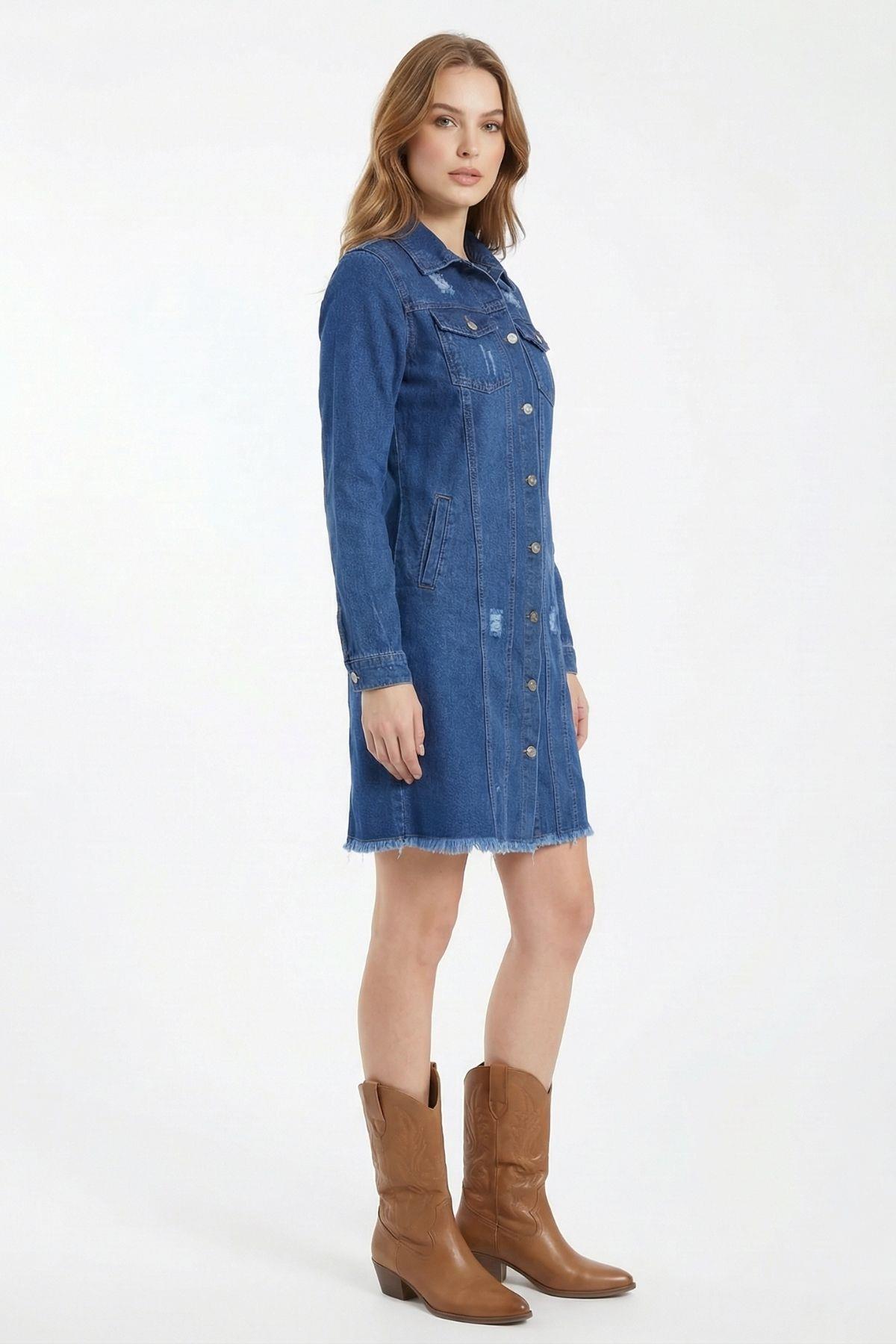 Mavi Püsküllü Cepli Mini Kot Elbise 2519 - 2