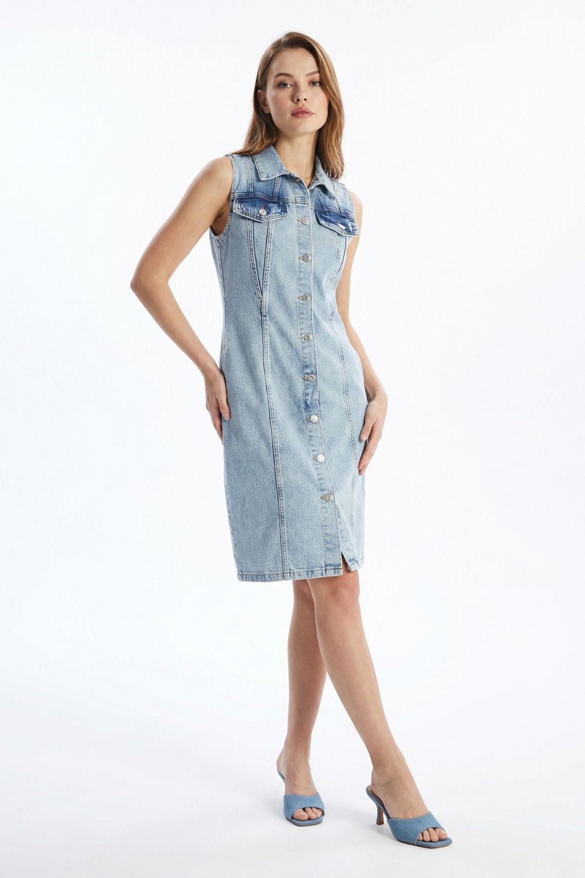 2520 Sıfır Kollu Kot Elbise Buz Mavisi - 2