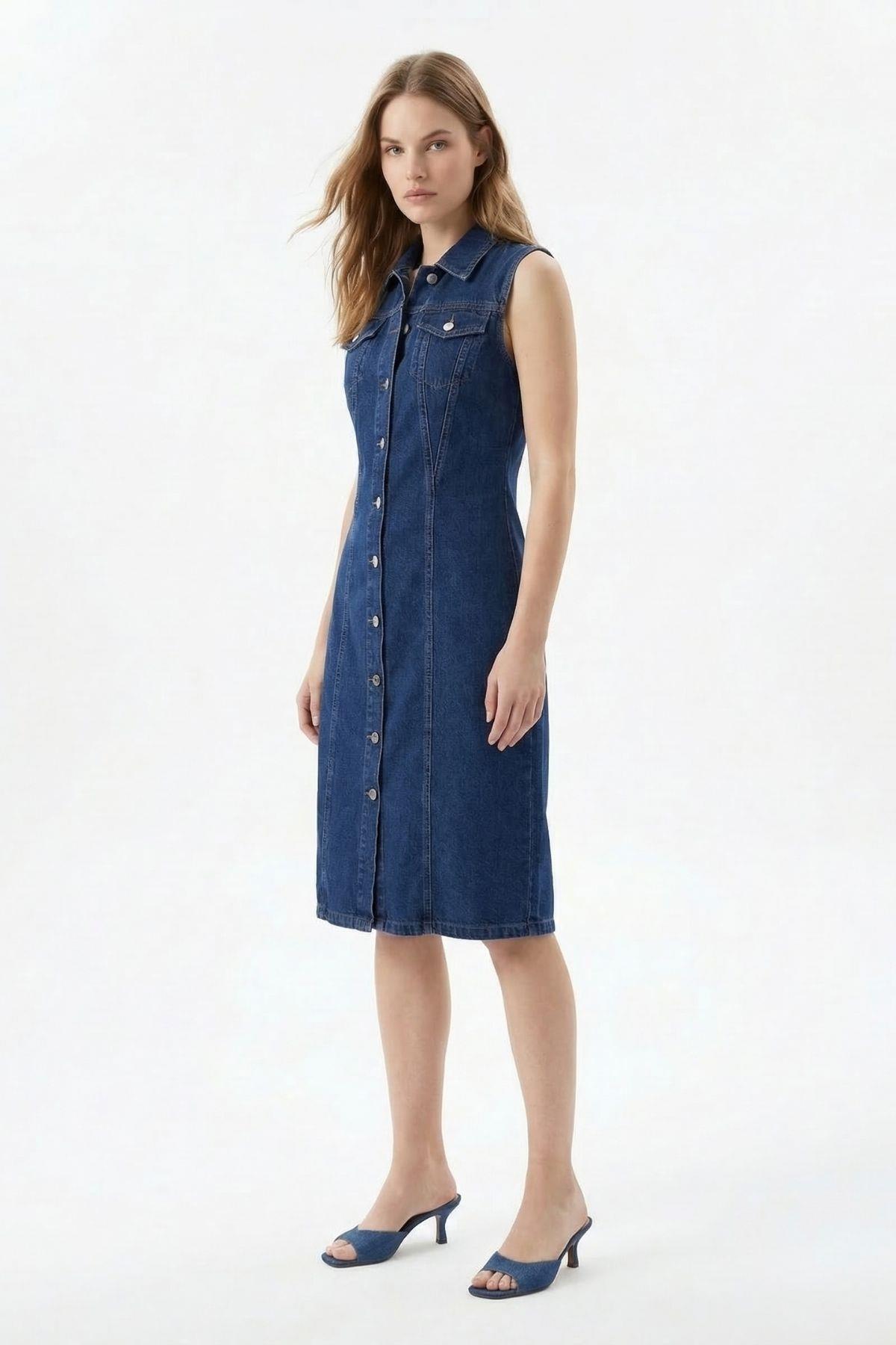 2520 Sıfır Kollu Kot Elbise Koyu Mavi - 2