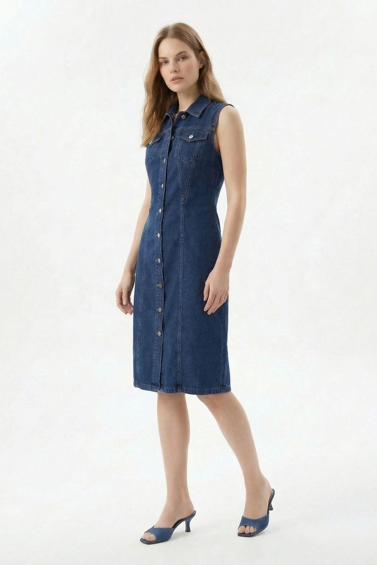 2520 Sıfır Kollu Kot Elbise Koyu Mavi - 3