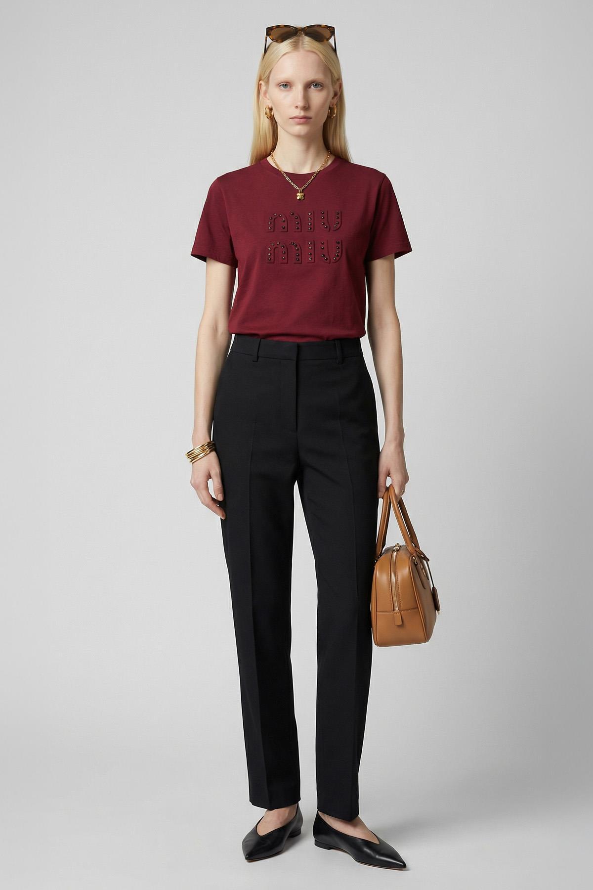 Kabartma Miu Miu Yazılı Tişört 25220 Bordo 