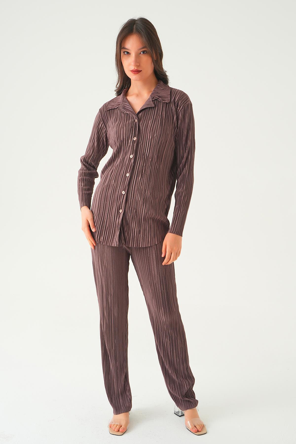 2525 Pliseli Pantolon Takım Acı Kahve - 1