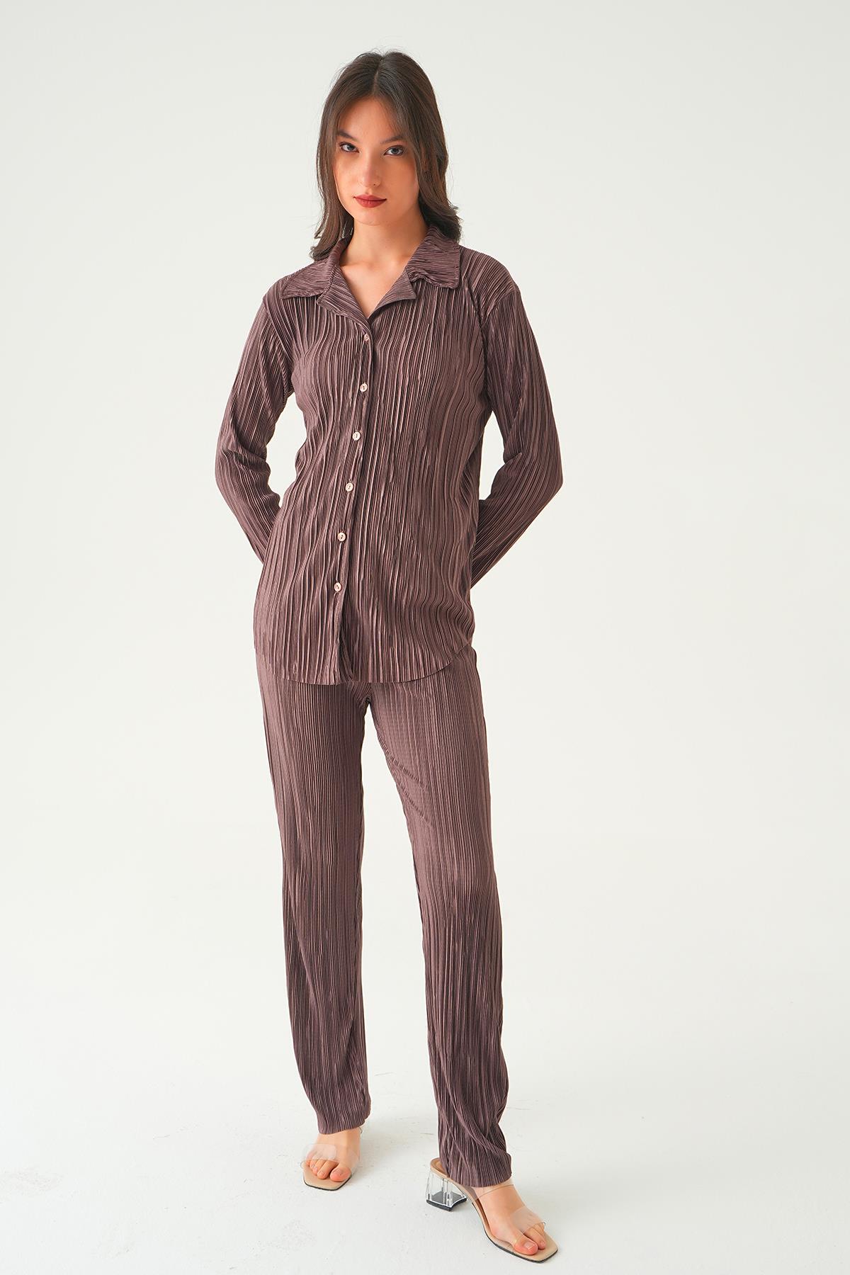 2525 Pliseli Pantolon Takım Acı Kahve - 4