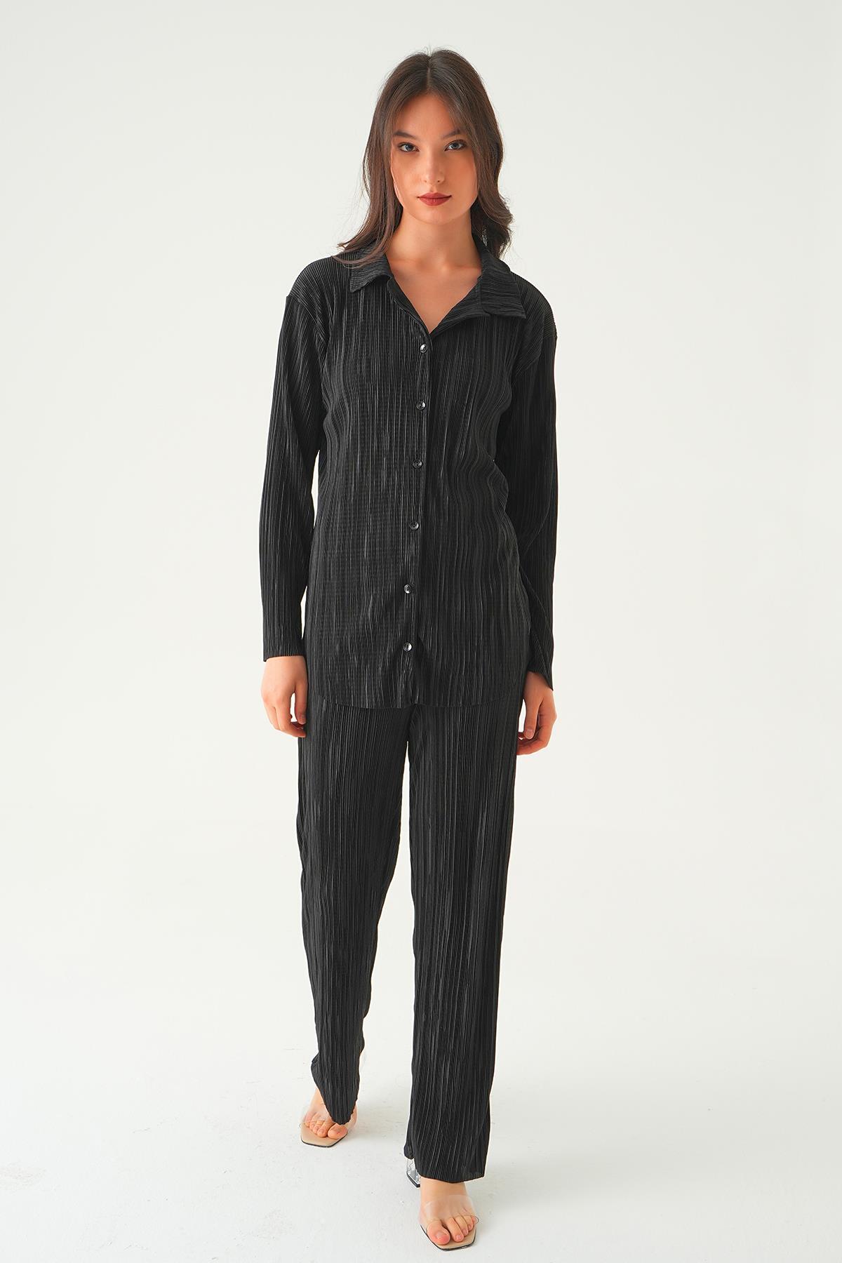 2525 Pliseli Pantolon Takım Siyah - 2