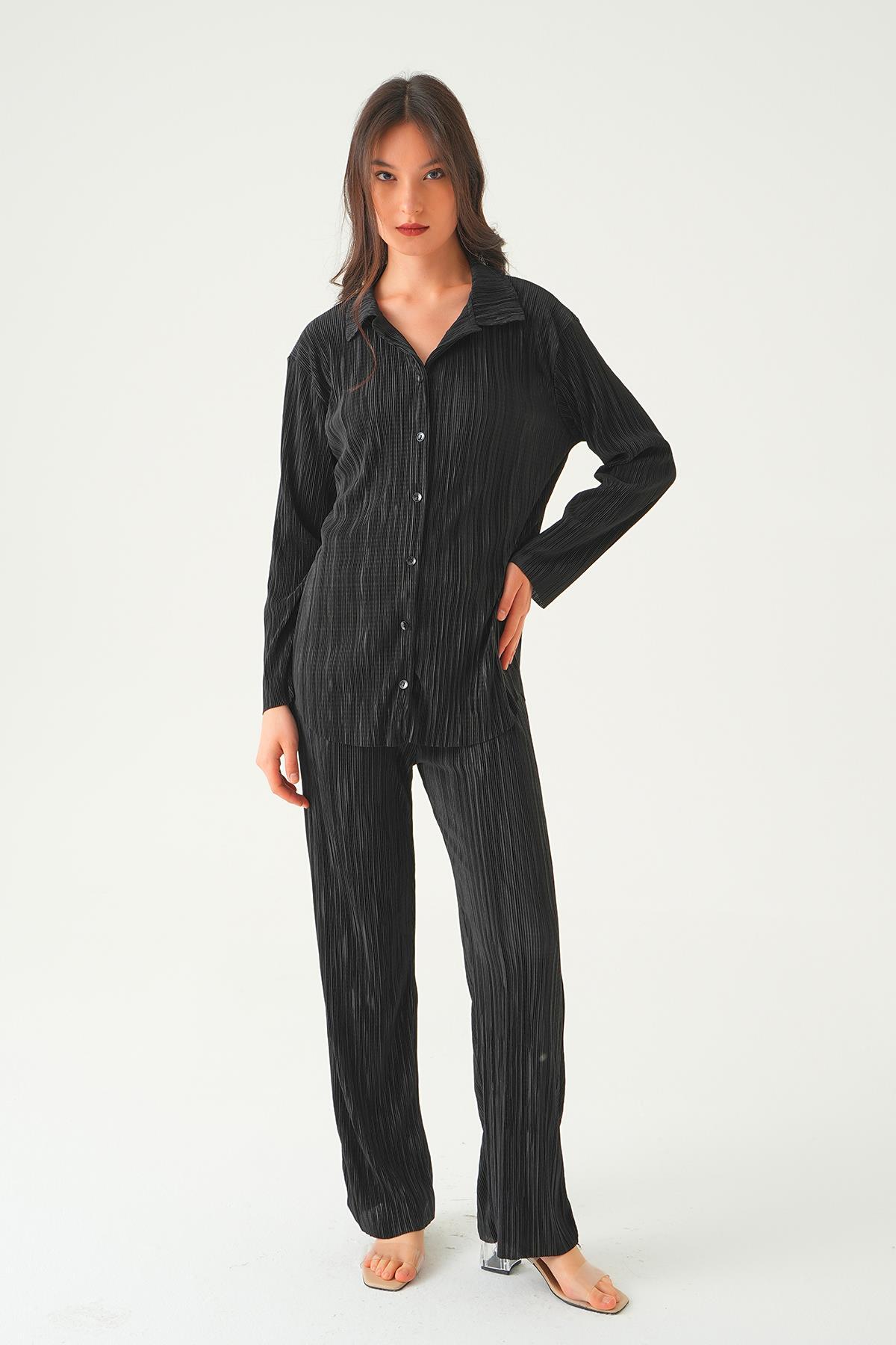 2525 Pliseli Pantolon Takım Siyah - 4