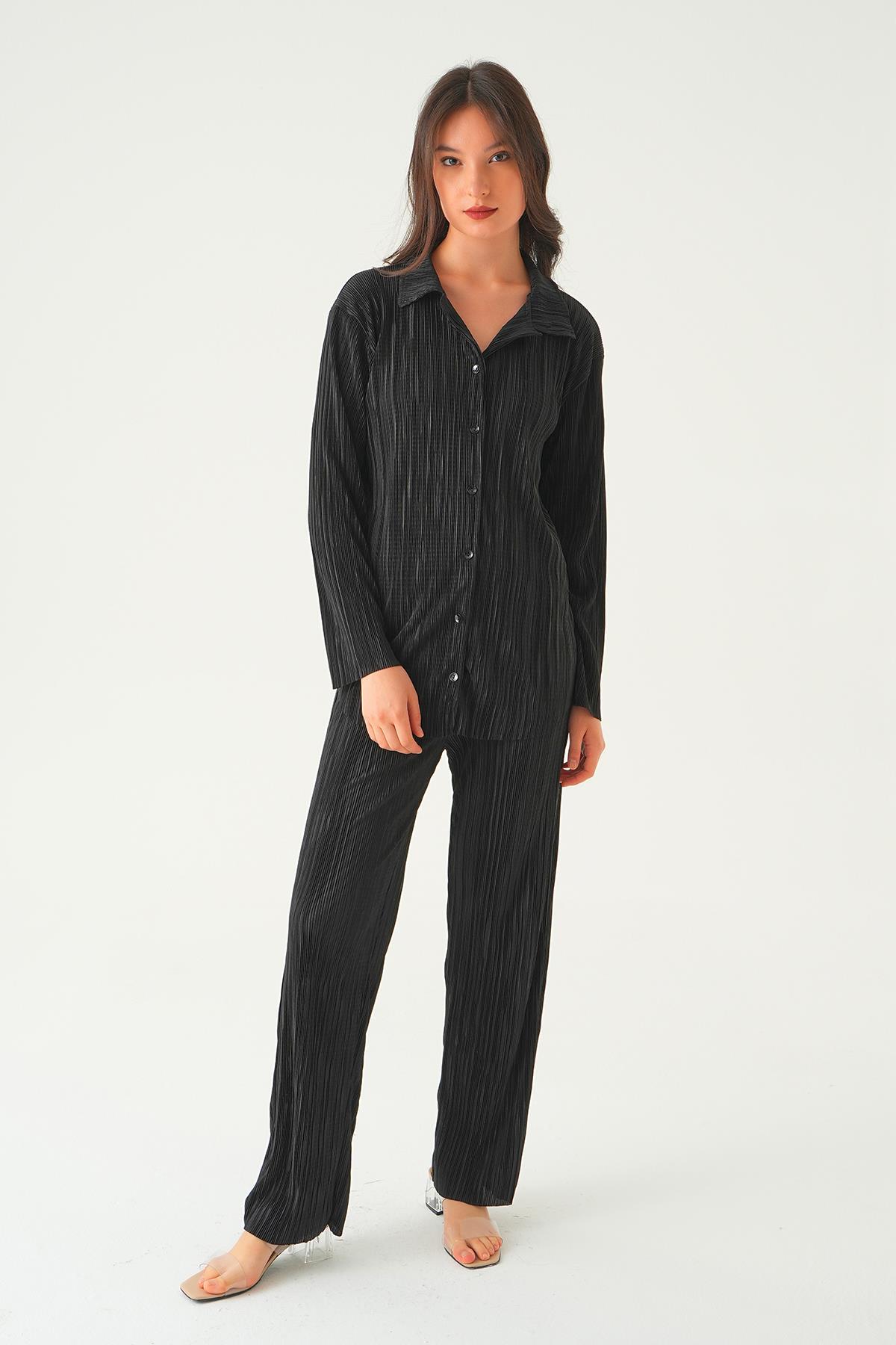 Siyah Pliseli Pantolon Takım 2525 - 1