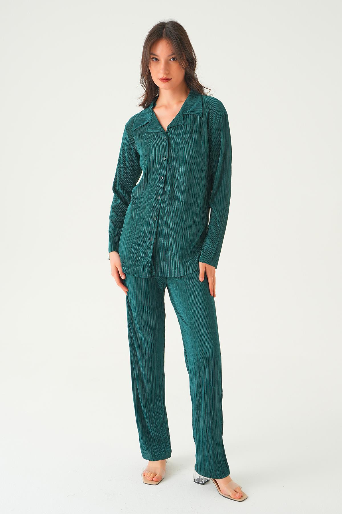 2525 Pliseli Pantolon Takım Zümrüt - 1