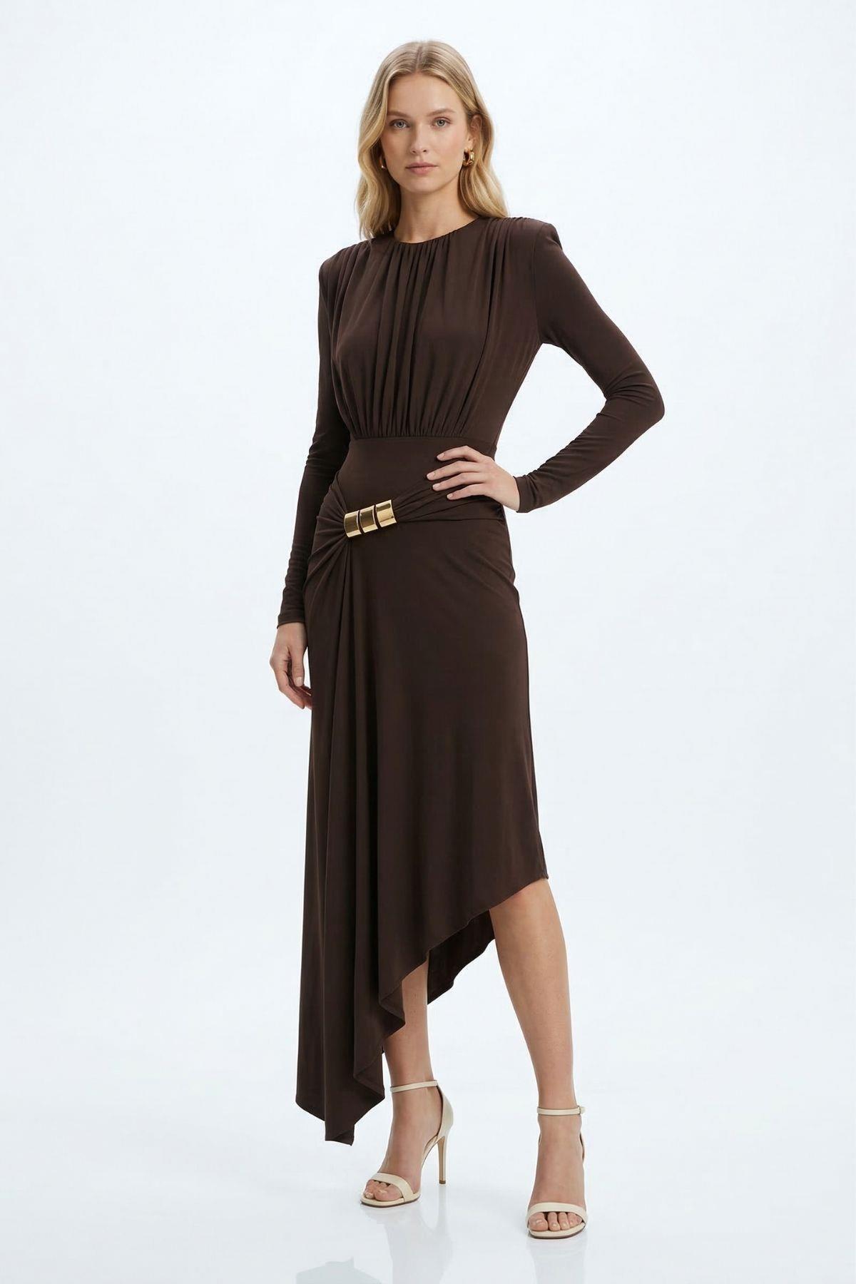 Kahve Vatkalı Omuz Büzgülü Elbise 252681 - RAYS