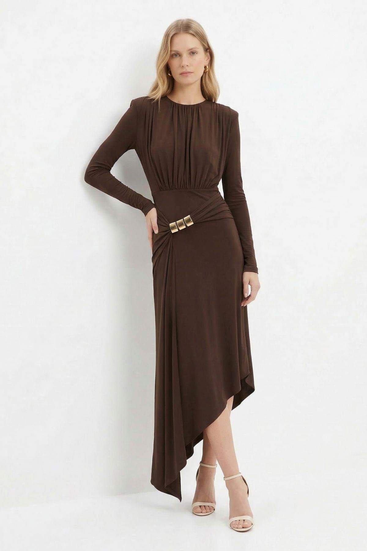 Kahve Vatkalı Omuz Büzgülü Elbise 252681 - 4