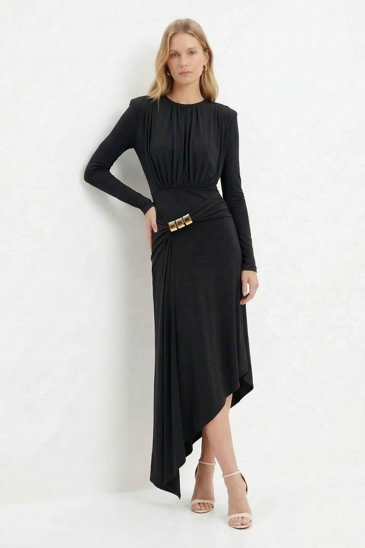 252681 Vatkalı Omuz Büzgülü Elbise Siyah - RAYS