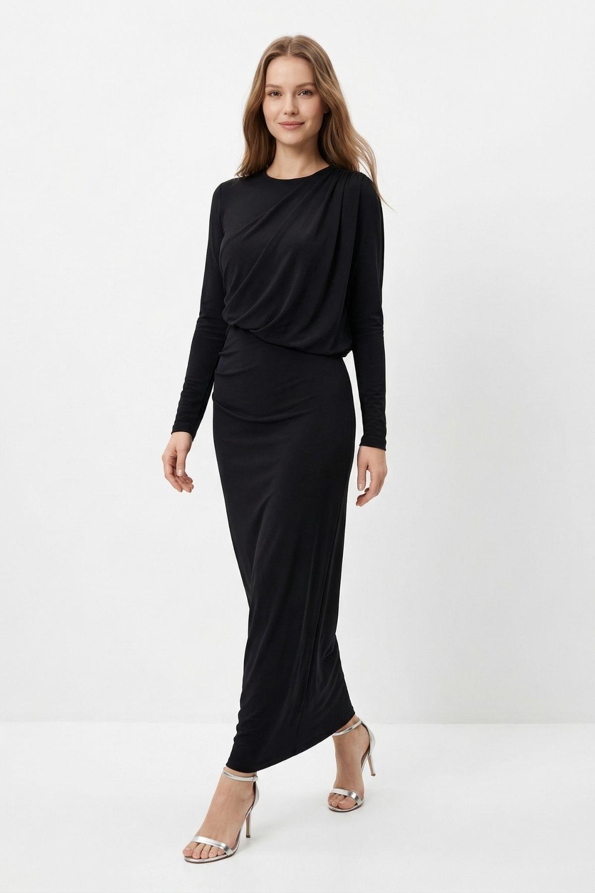 Siyah Omuz Büzgülü Elbise 252696 - 1