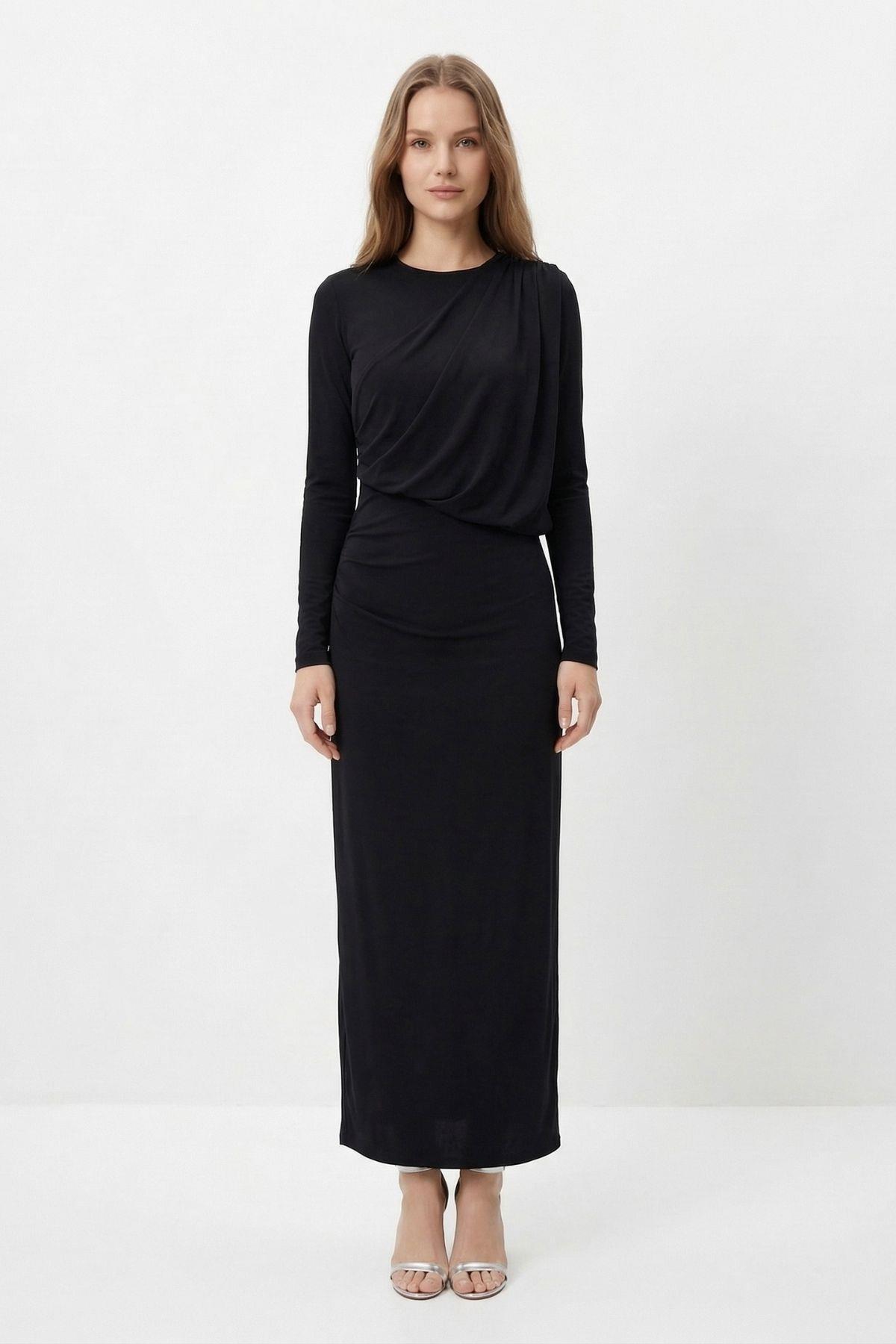 Siyah Omuz Büzgülü Elbise 252696 - 3