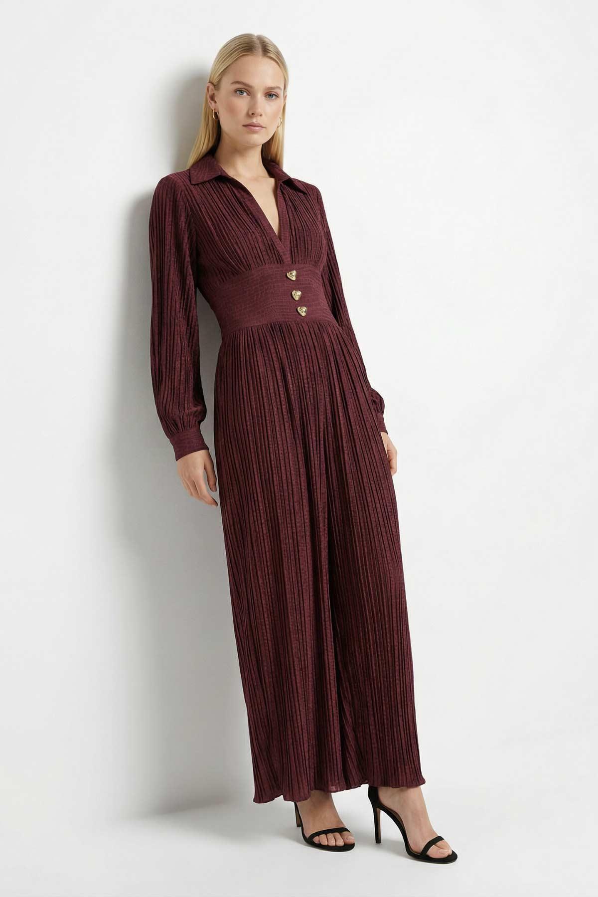 Bordo V Yaka Bel Detay Elbise 252732 - 1