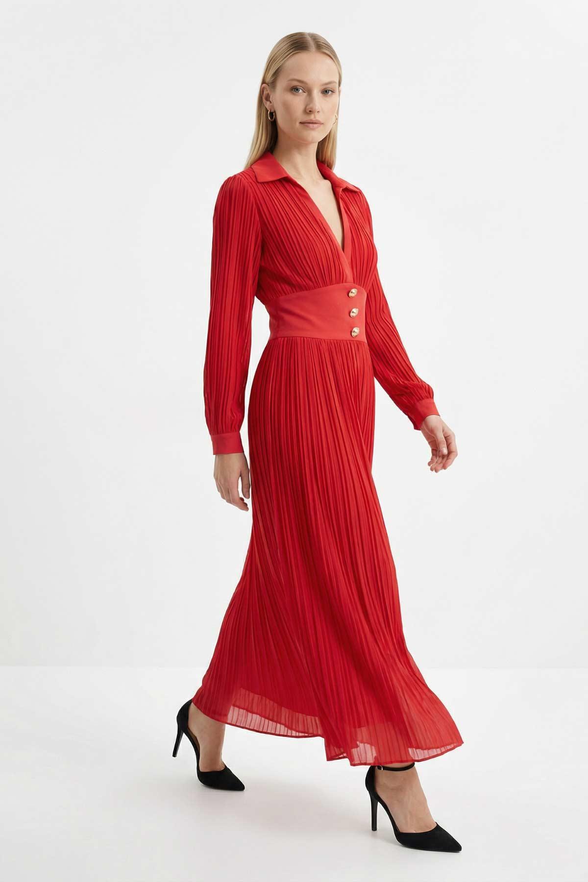 252732 V Yaka Bel Detay Elbise Kırmızı - 1