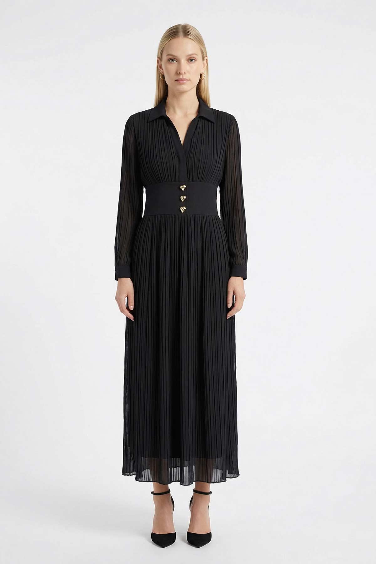 Siyah V Yaka Bel Detay Elbise 252732 - 1