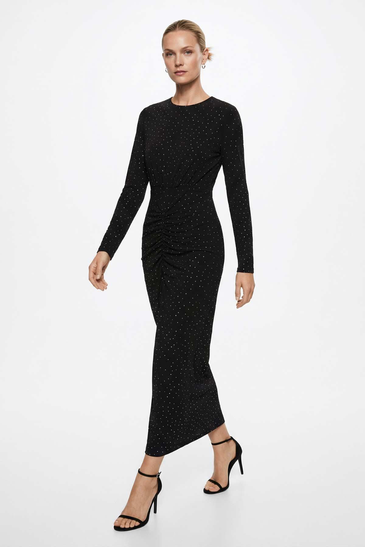 Siyah Ön Büzgülü Taşlı Elbise 252787 - RAYS