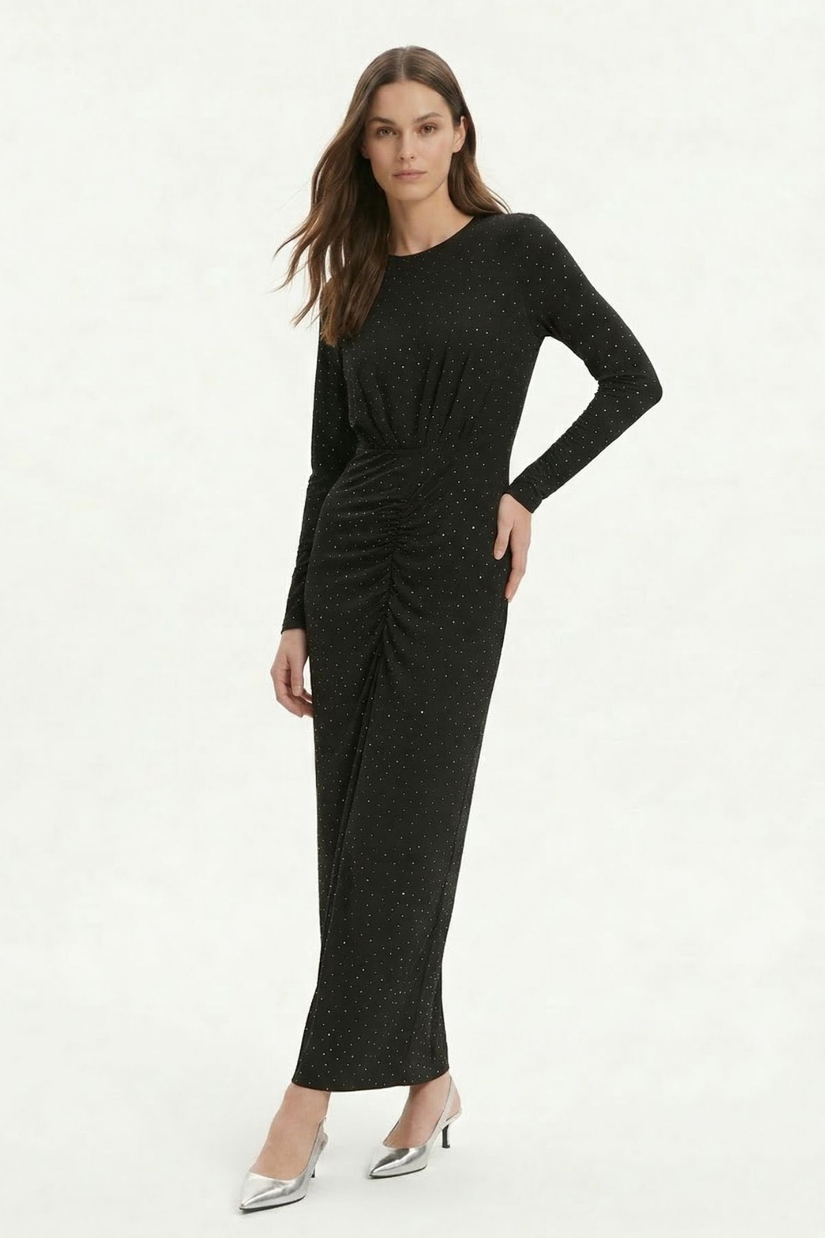 Siyah Ön Büzgülü Taşlı Elbise 252787 