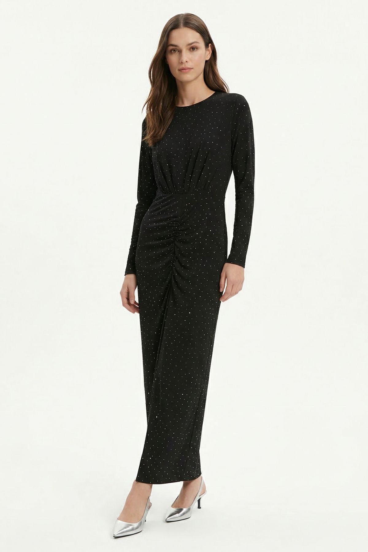 Siyah Ön Büzgülü Taşlı Elbise 252787 - RAYS