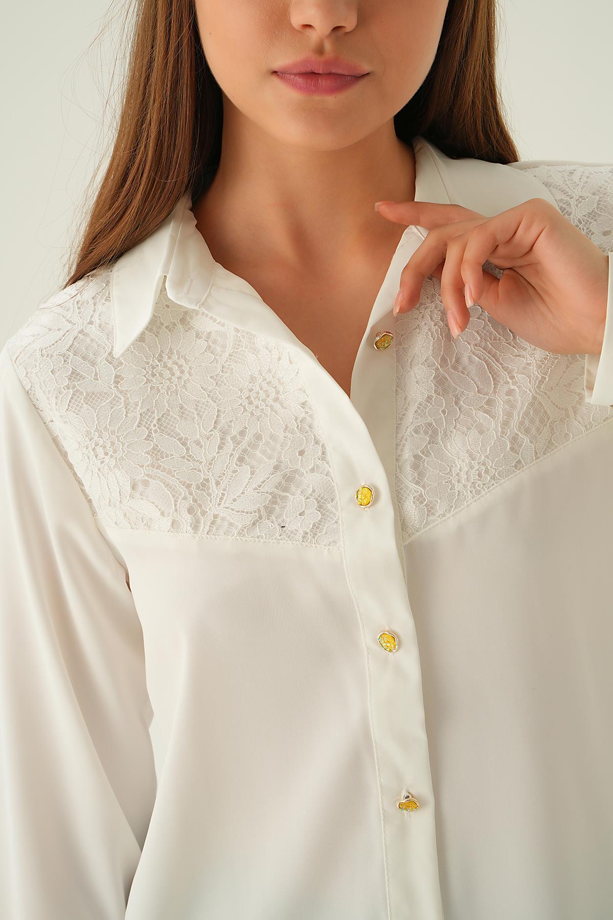 25511 Dantel detay gömlek Krem - 2
