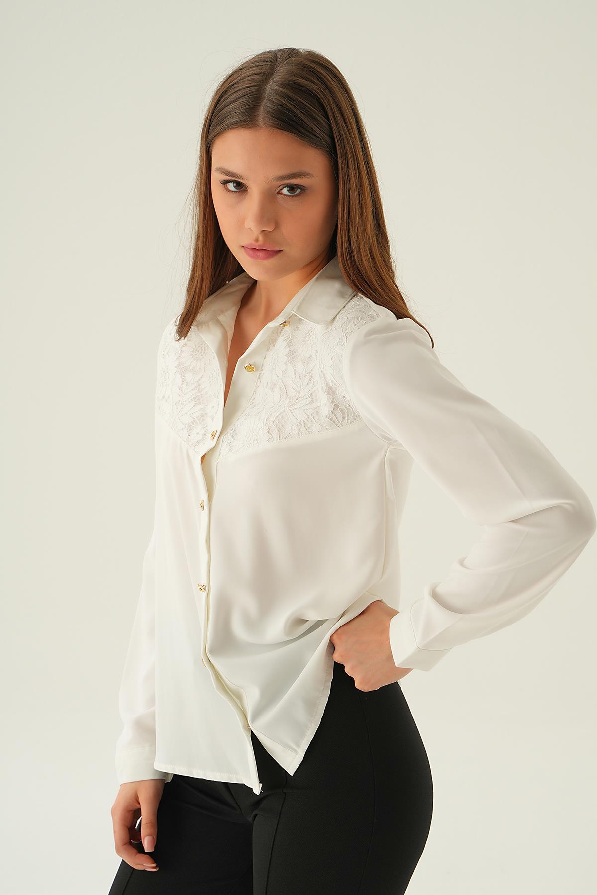 25511 Dantel detay gömlek Krem - 3