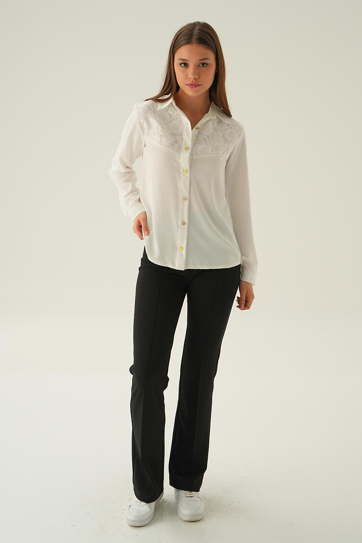25511 Dantel detay gömlek Krem - 6