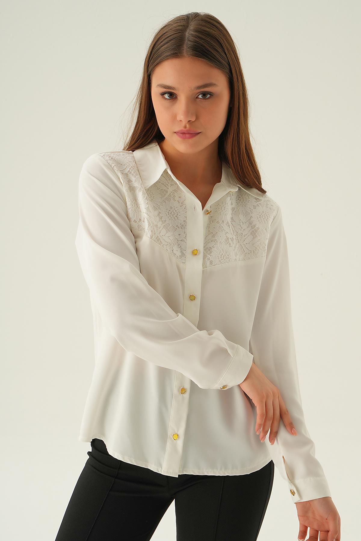 Krem Dantel Detay Gömlek 25511 - 4