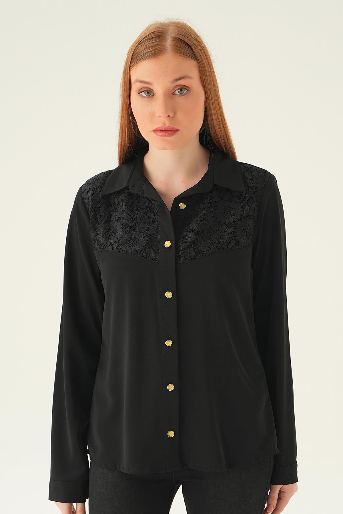 25511 Dantel detay gömlek Siyah - 1