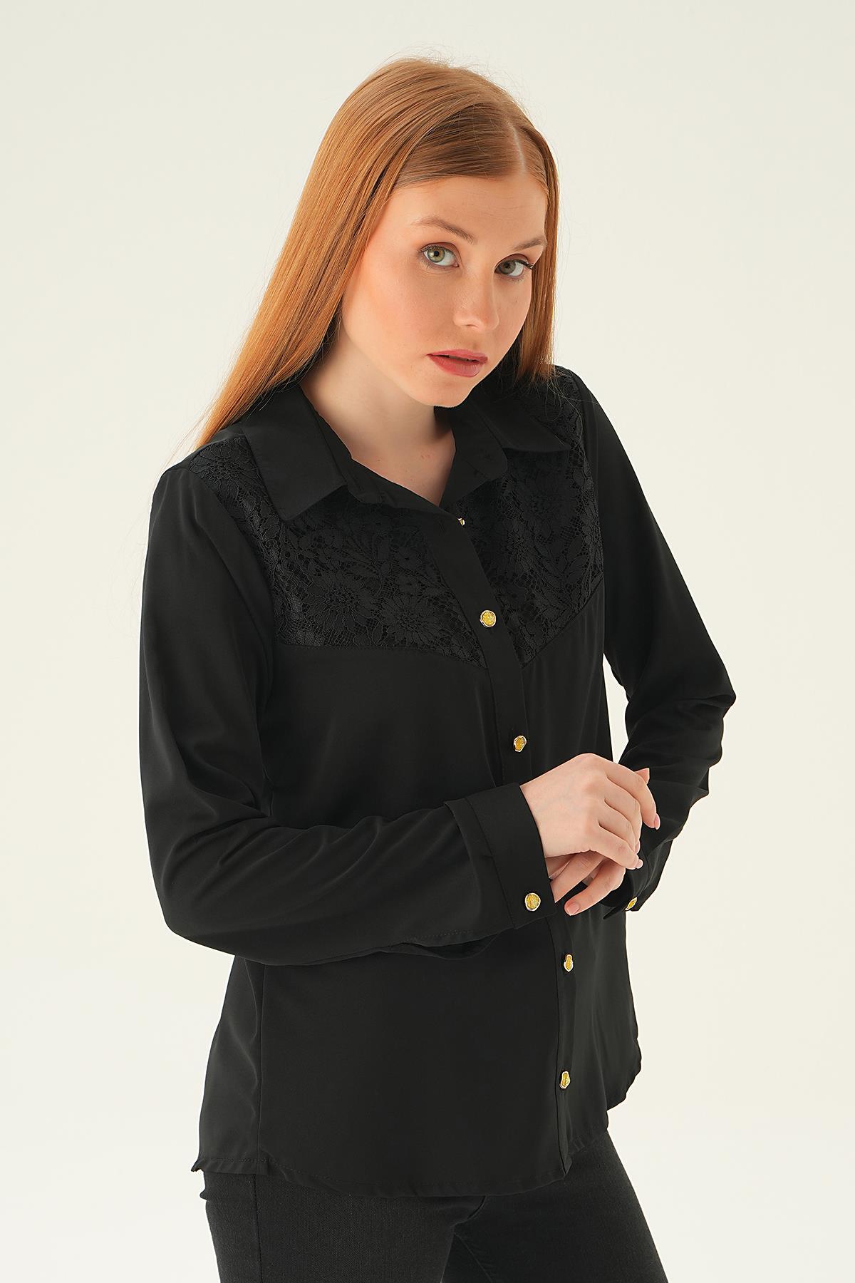 25511 Dantel detay gömlek Siyah - 4