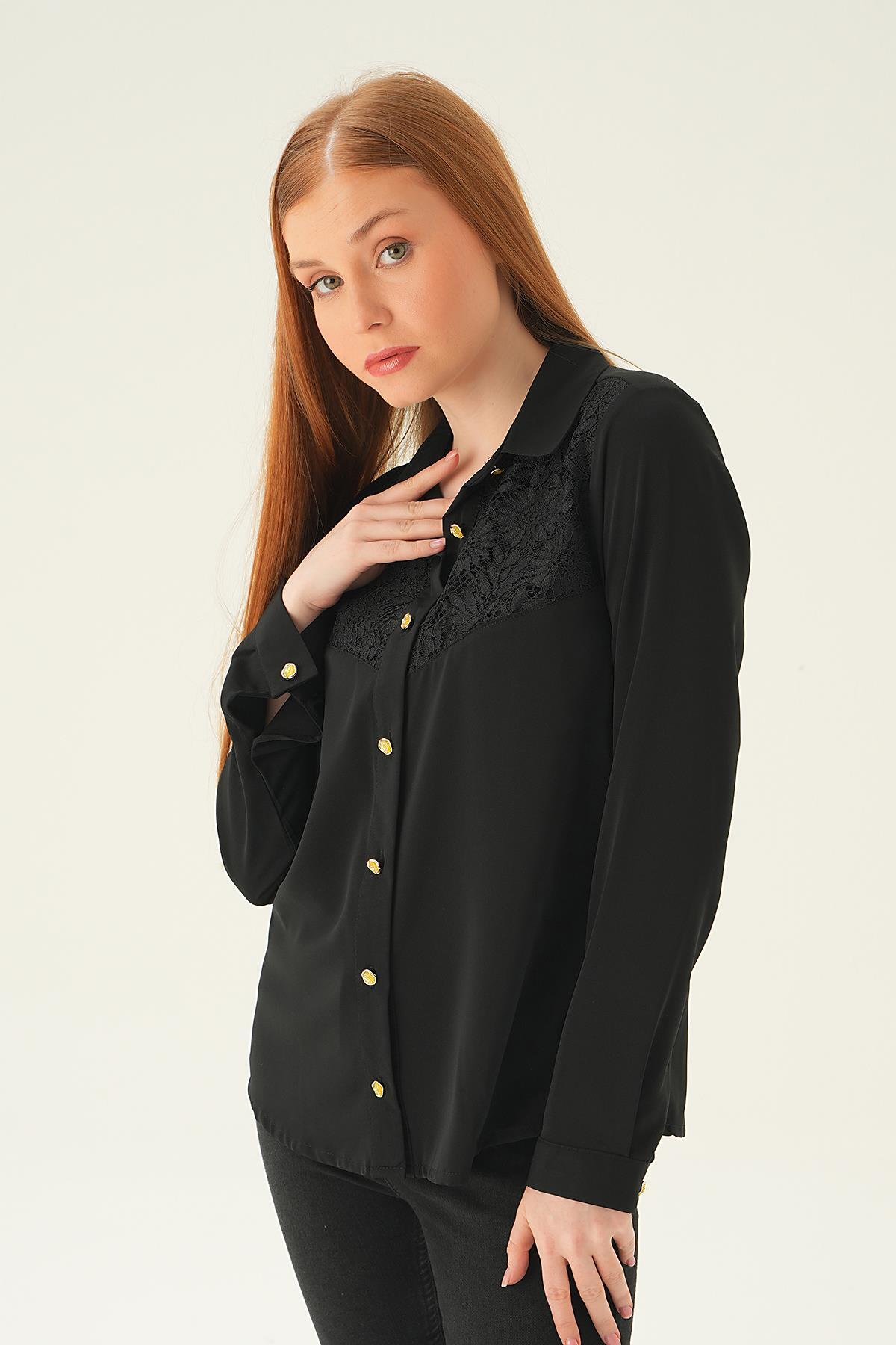 Siyah Dantel Detay Gömlek 25511 - 3