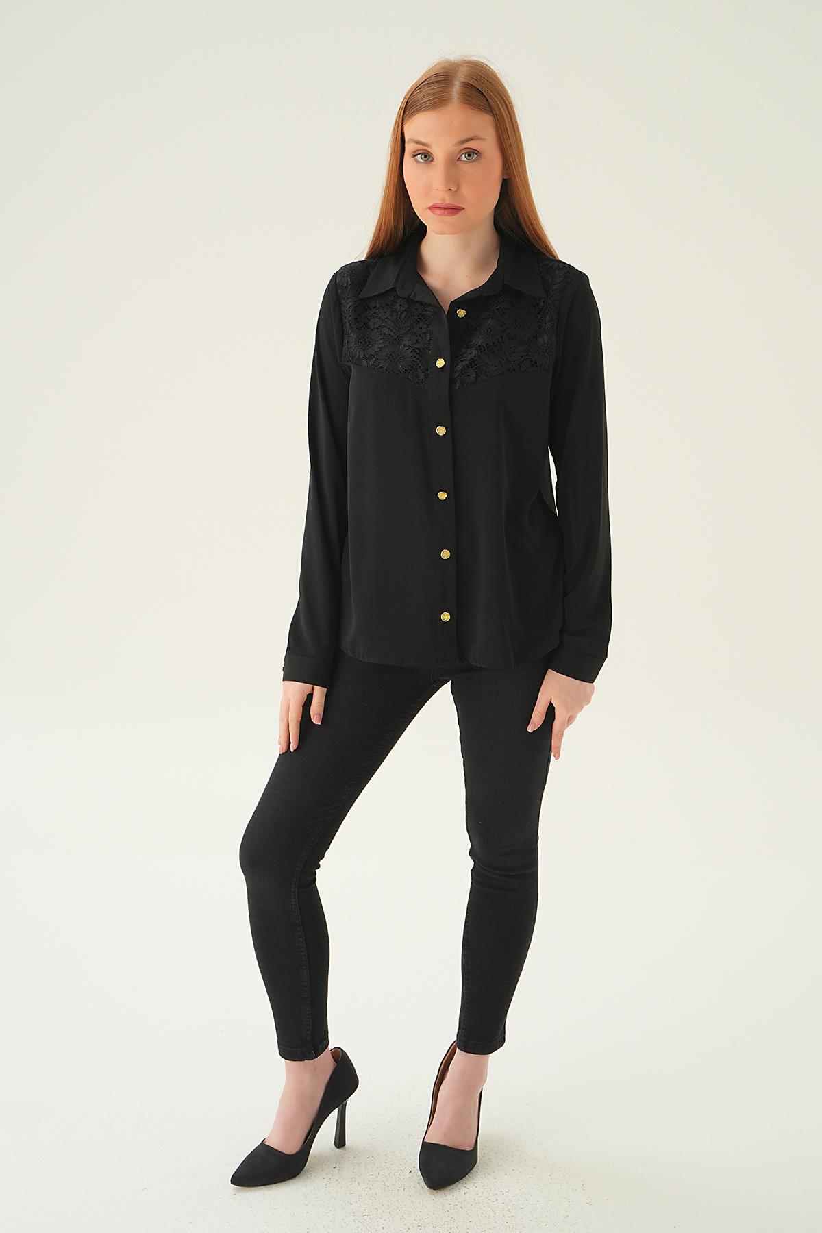 Siyah Dantel Detay Gömlek 25511 - 6