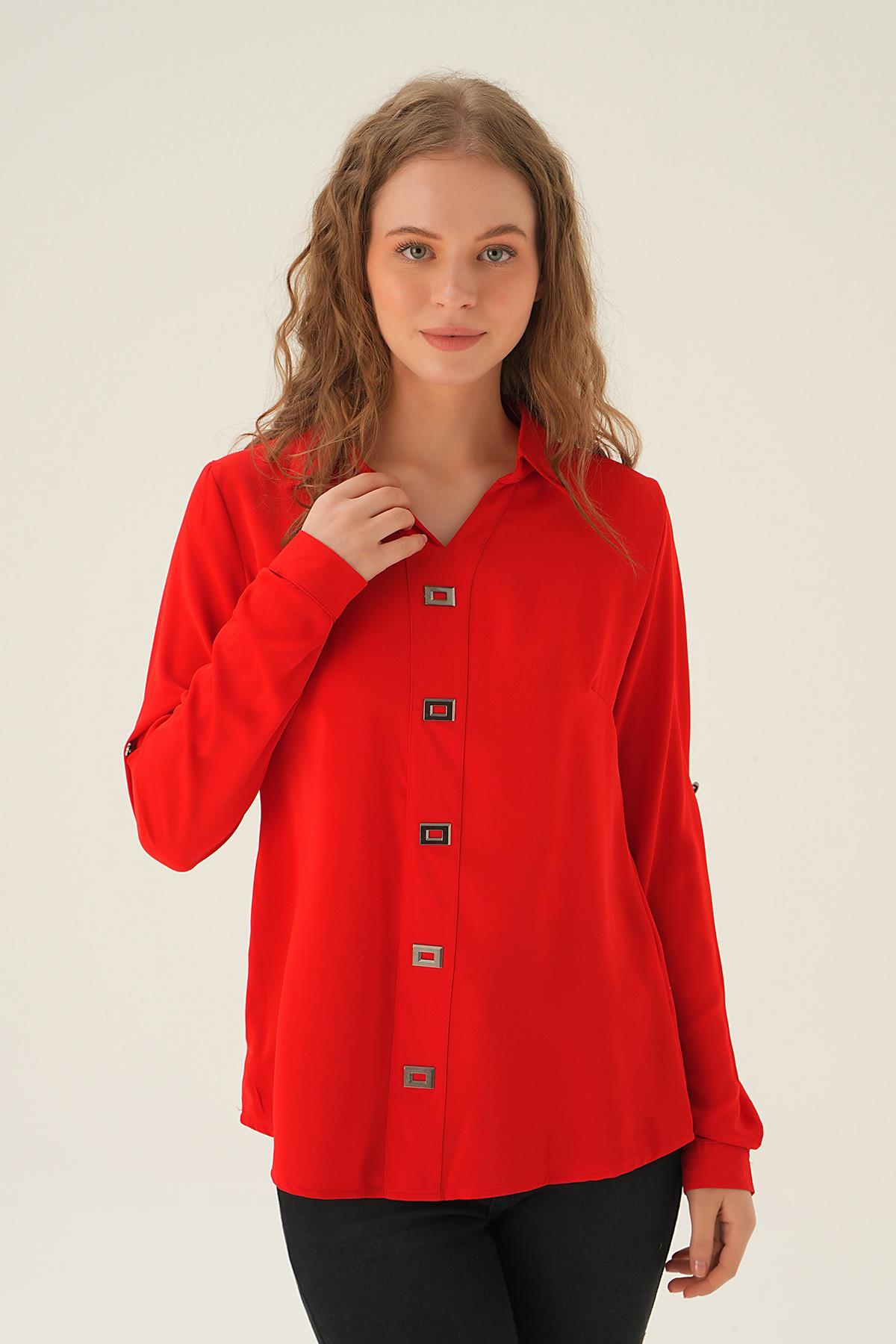 25538 Polo Yaka Düğme Detay Tunik Kırmızı - 1