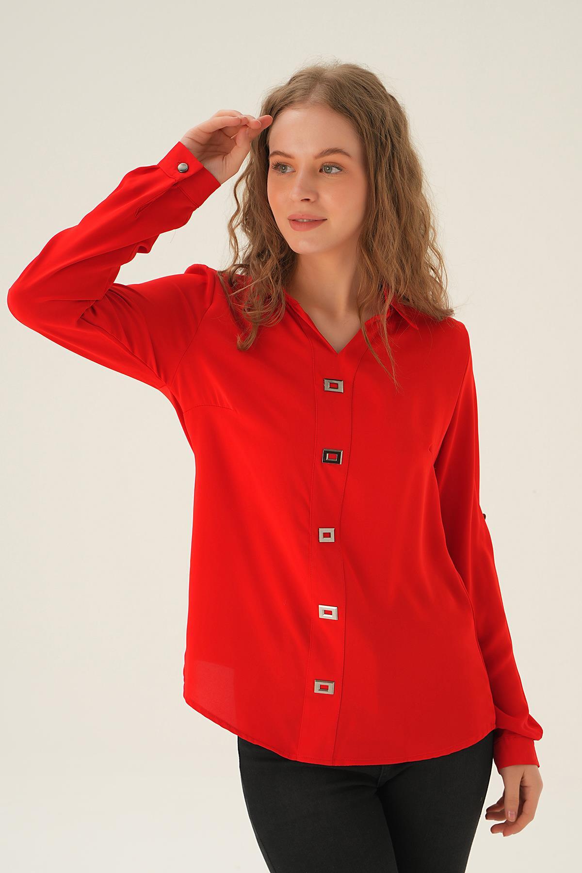 25538 Polo Yaka Düğme Detay Tunik Kırmızı - 2