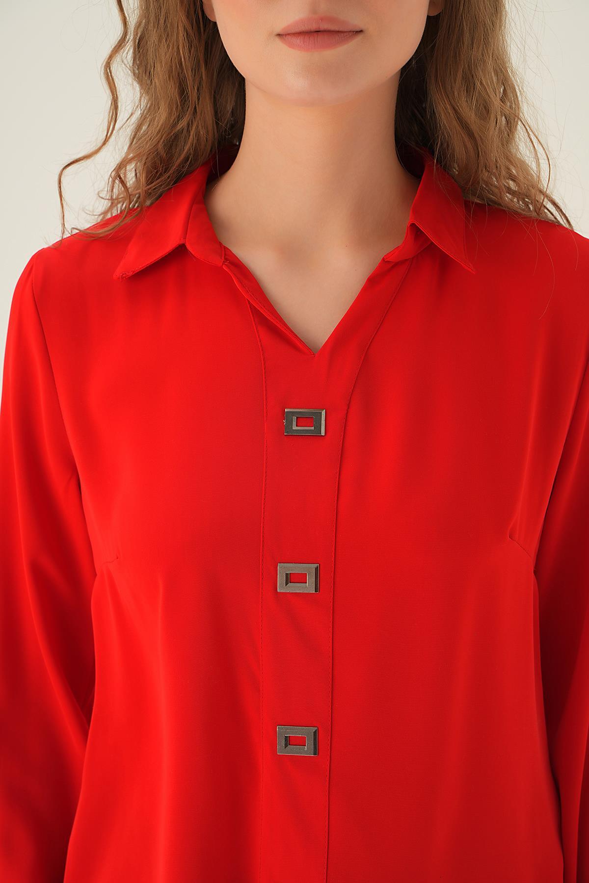 25538 Polo Yaka Düğme Detay Tunik Kırmızı - 4